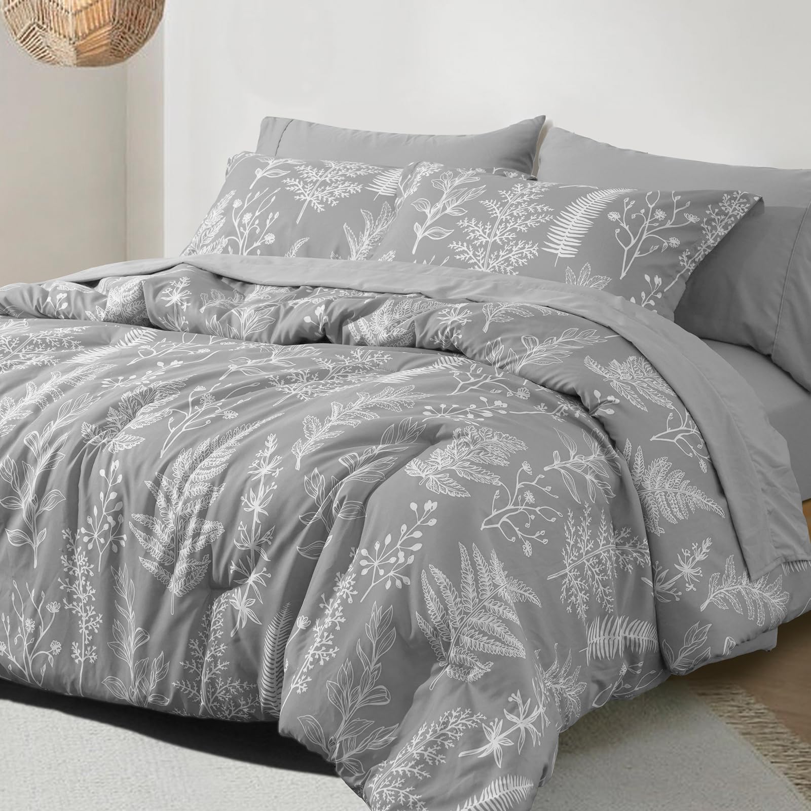 PHF 7-Piece King Comforter Set - Ultra Soft Reversible Botanical Bedding with Comforter, Pillow Shams & Sheets (Grey) | Complete Bed in a Bag for Luxurious Comfort | Perfect for Master Bedrooms, Guest Rooms & Cozy Home Decor