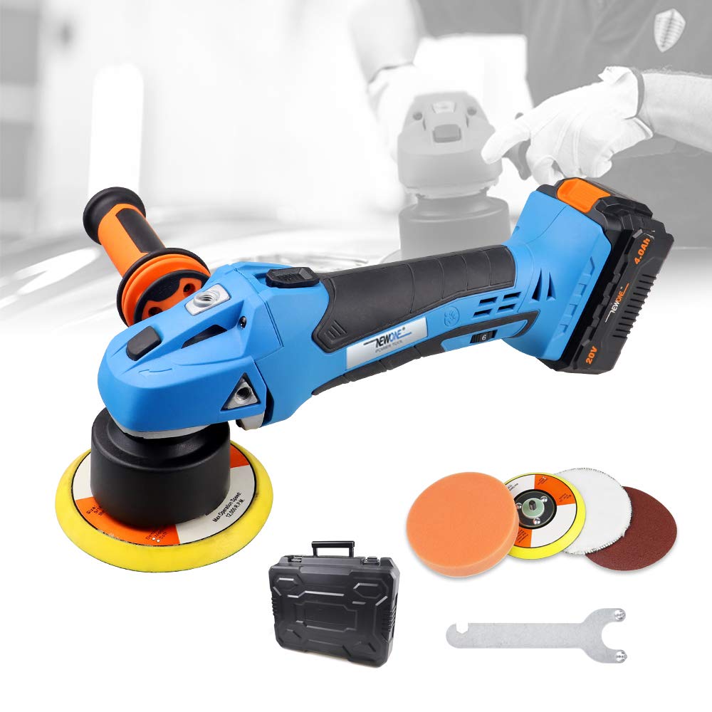 NEWONE 20V Cordless Dual Action Polisher - 5-Inch Round Orbital Buffer with 6 Speed Settings, Anti-Vibration Handle & 4.0Ah Battery - Perfect for Car Detailing, Sanding, Polishing and Waxing - Includes Fast Charger for Professional Auto Body & DIY Home Use