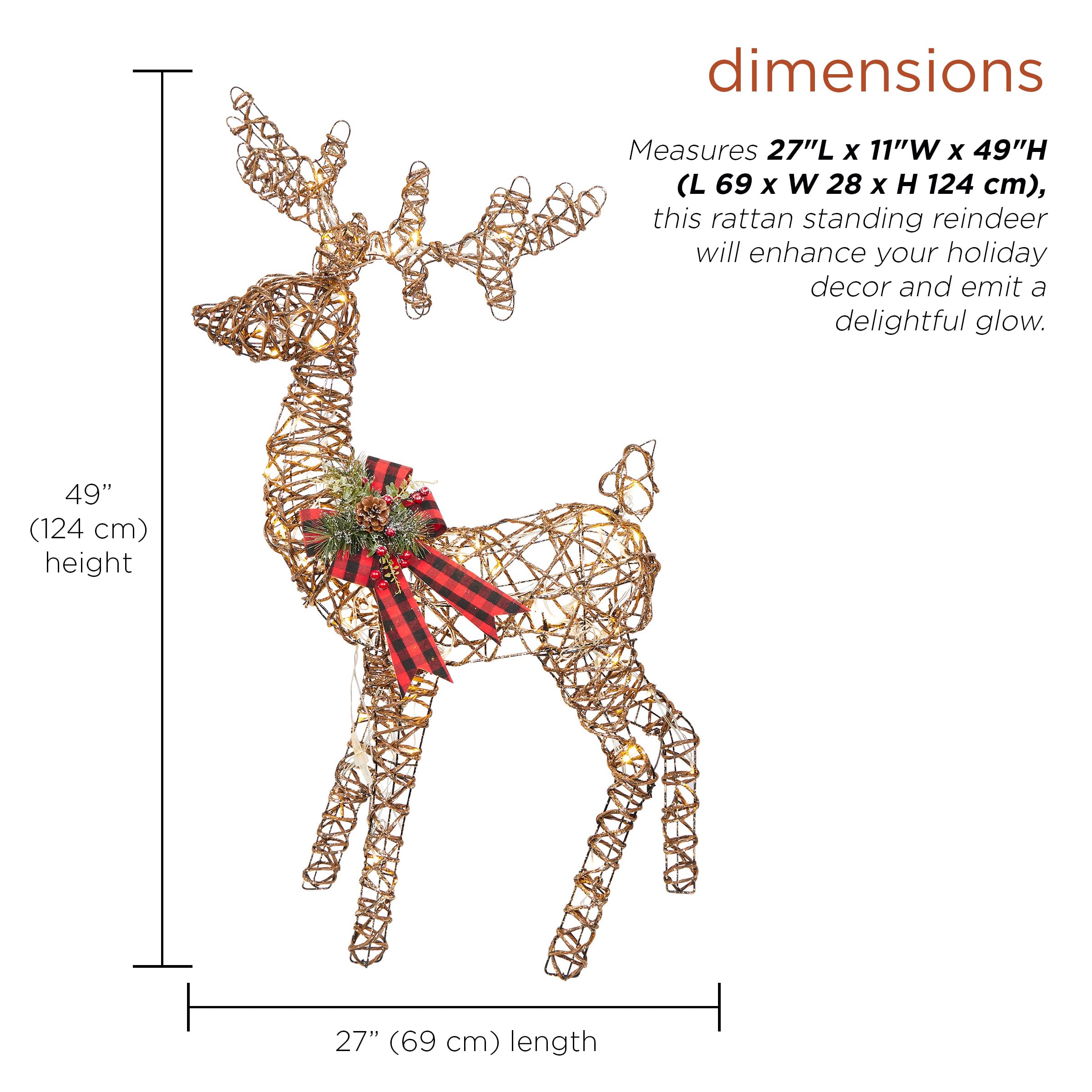 Rattan Standing Reindeer Decor with Bow & LED Lights - Christmas Home Decoration, Holiday Party Centerpiece, Festive Indoor Outdoor Decor