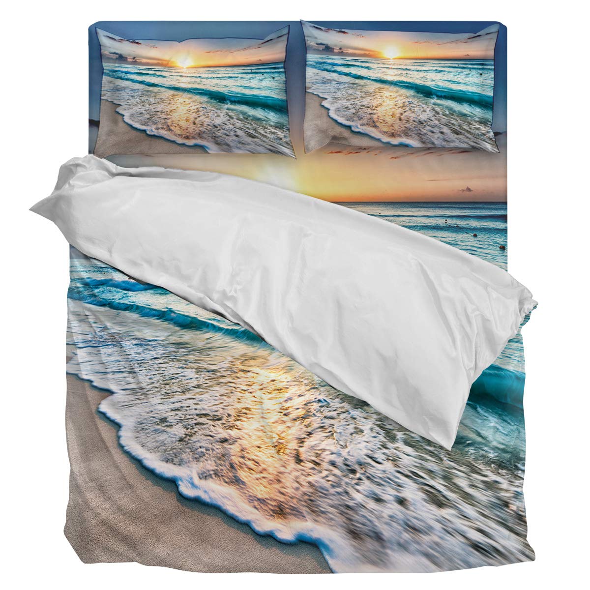Luxury 4-Piece Queen Size Duvet Cover Set - Soft Sunflower Bedding with 1 Duvet Cover, 1 Sheet & 2 Pillowcases - Sand Beach Wave Design - Perfect for Coastal Bedrooms, Guest Rooms & Vacation Homes