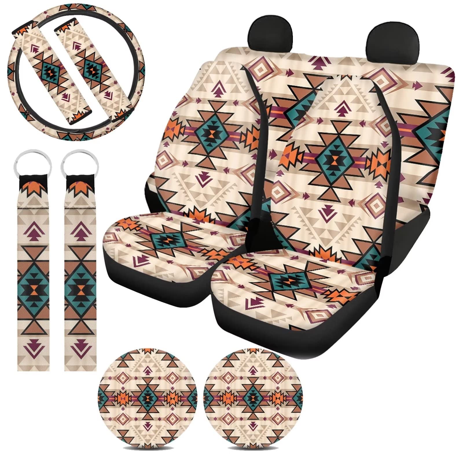 Boho Aztec Car Seat Covers for Women - Western Style Steering Wheel Cover & Seat Belt Protector Set with Keychains - Perfect for Jeep, Truck, and SUV Interior Decor
