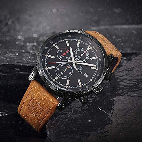 BENYAR Men's Luxury Analog Chronograph Watch - Genuine Leather Strap, Precise Quartz Movement, 50M Waterproof & Scratch Resistant - Perfect for Business, Office, Formal Events & Daily Wear