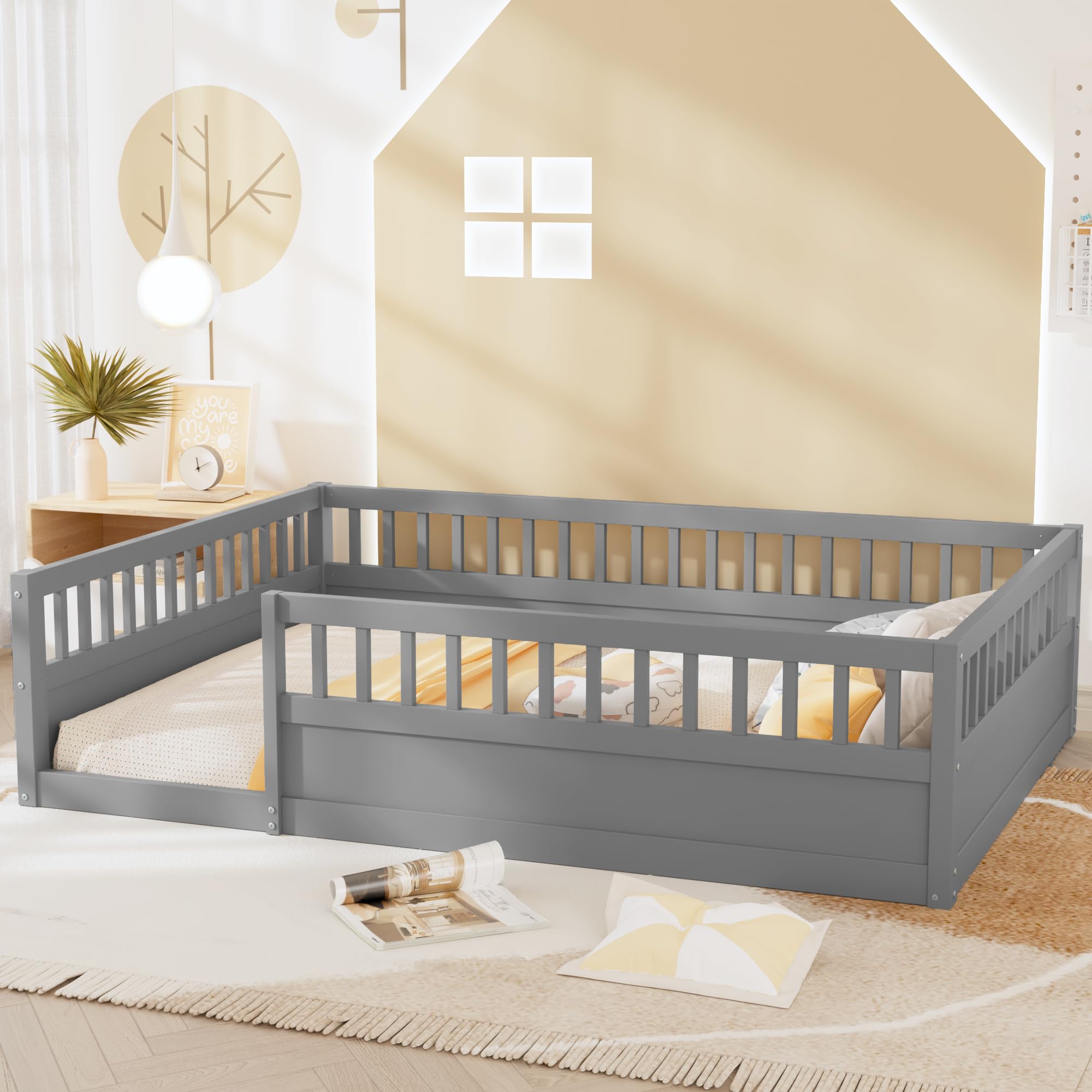 Montessori Floor Bed for Kids - Full Size Wooden Toddler Bed with Safety Fence | Gray Children's Bed Frame for Bedroom & Playroom | Safe Sleeping & Play Space for Toddlers 1-5 Years Old