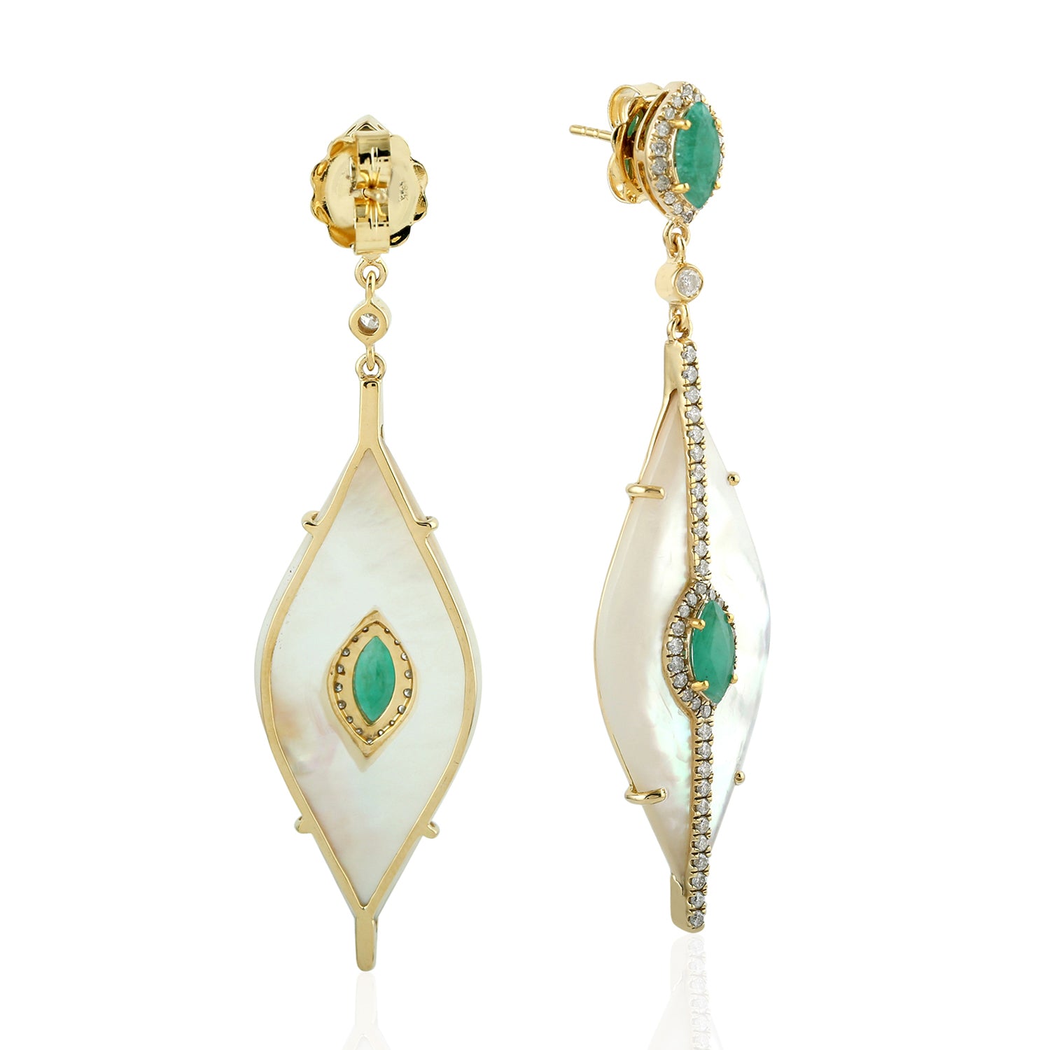 Exquisite Marquise Cut Mother of Pearl Prong Set Emerald Pave Diamond Dangle Earrings in 14K Gold | Elegant Wedding, Party & Evening Wear Jewelry