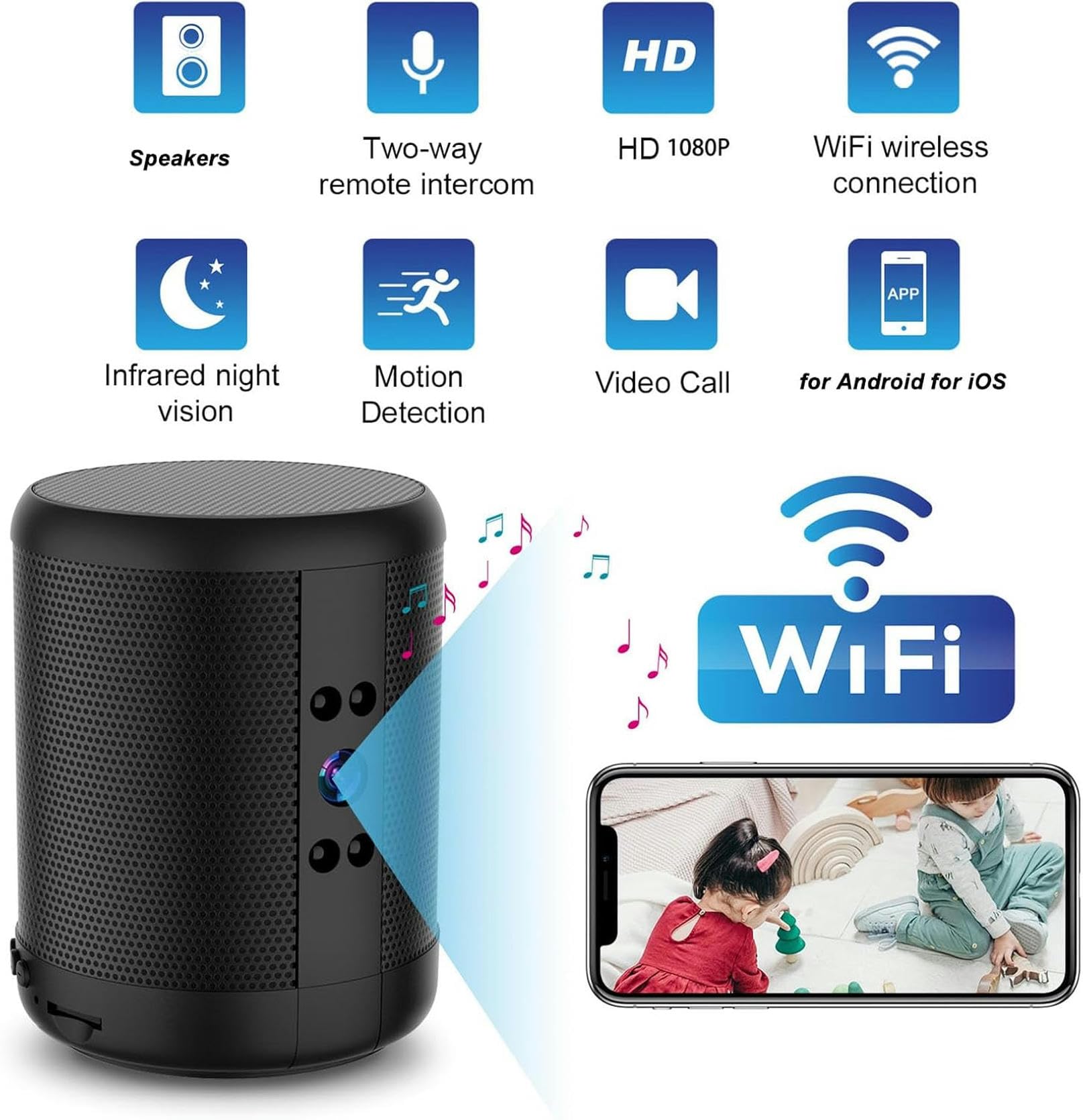 FKINGLRK 1080P HD WiFi Hidden Camera with Bluetooth Speaker - 140° Wide Angle, 2-Way Audio, Night Vision & Motion Detection - Real-Time Baby Monitor for Home Security, Office Surveillance & Pet Monitoring