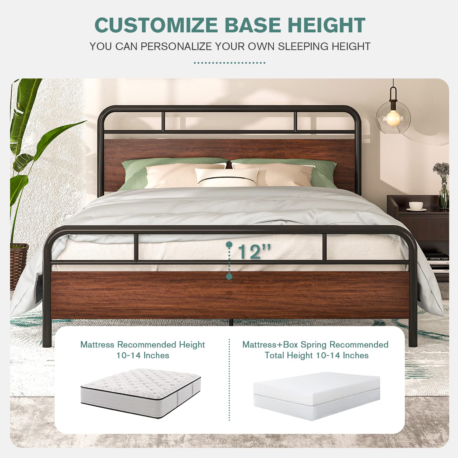 Industrial Style Queen Bed Frame with Wood Headboard - 12