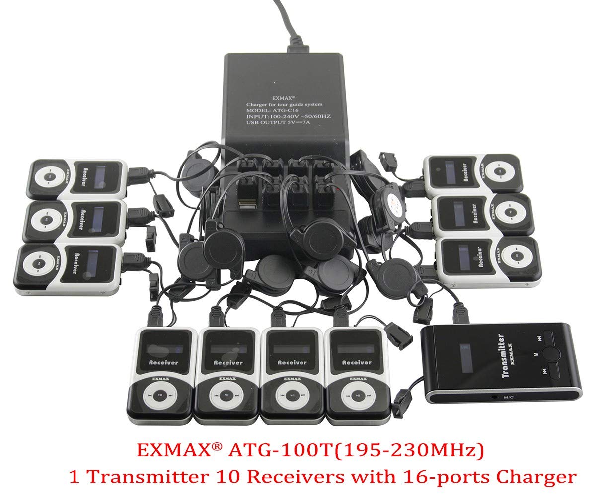 EXMAX® ATG-100T Wireless Tour Guide System - 195-230MHz Voice Transmission with 1 Transmitter & 10 Receivers - Includes Charging Base for Church, Translation, Silent Conference, Travel & Training - Ideal for Group Tours, Museum Guides, and Educational Presentations