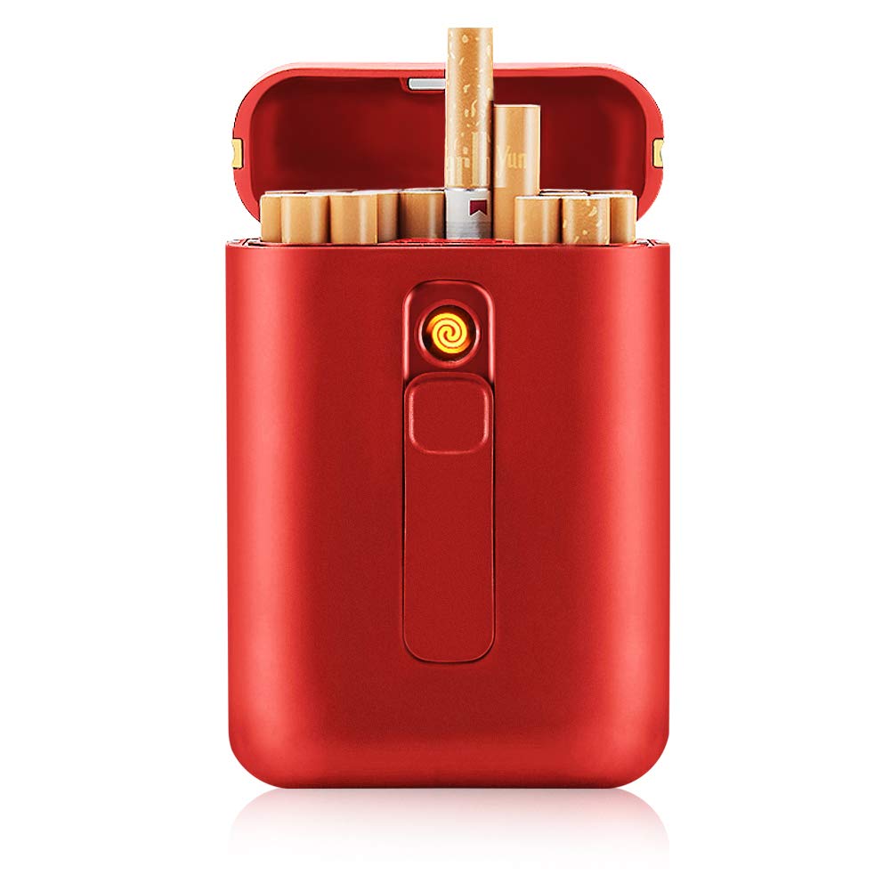 Premium Rechargeable Flameless Windproof Electric Lighter & Cigarette Case Combo - King Size Portable Pack Holds 20 Regular Cigarettes, USB Charging, 2-in-1 Design (Red) - Perfect for Travel, Camping, and Outdoor Smoking