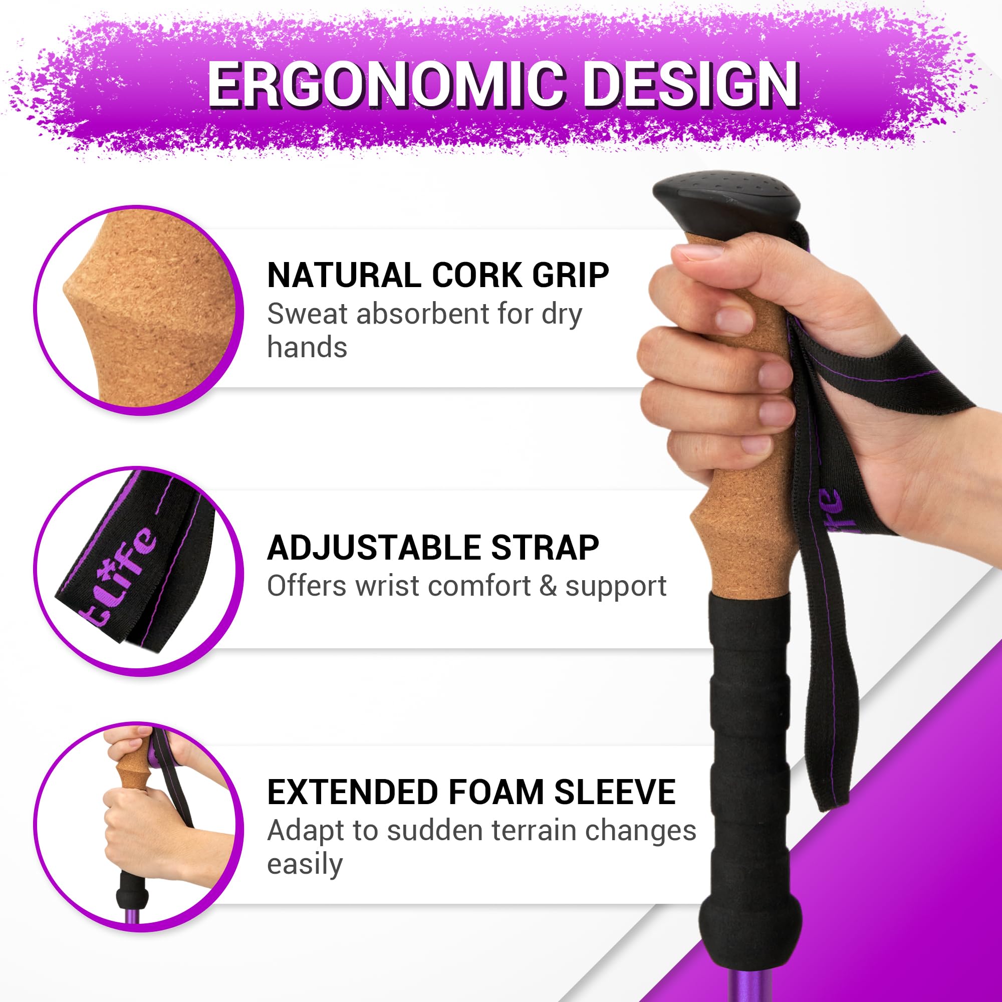 TheFitLife Trekking Poles - Lightweight 7075 Aluminum Hiking Sticks with Cork Grips, Adjustable Telescopic Design, Metal Flip Lock for Men & Women - Perfect for Hiking, Walking, Camping & Backpacking - Ideal for Mountain Trails, Long-Distance Hikes, and Outdoor Adventures