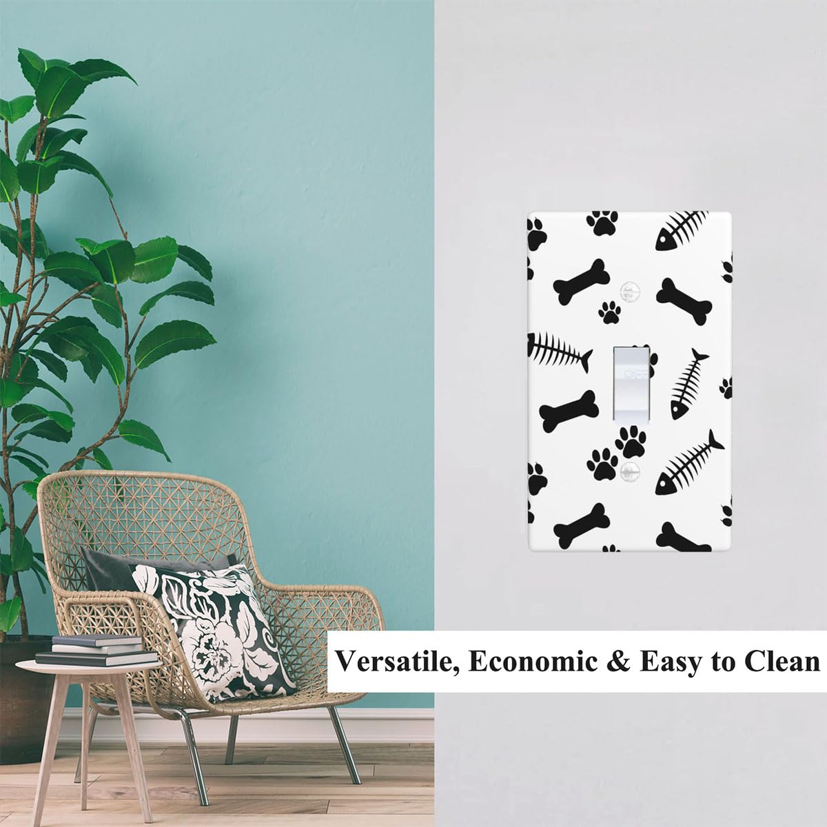 Dog Cat Animal Print 1-Gang Toggle Wall Plate - Paws and Fish Bones Light Switch Cover - Single Toggle Decorative Cover for Home, Office, Bedroom, Nursery - Easy Installation & Pet-Themed Decor