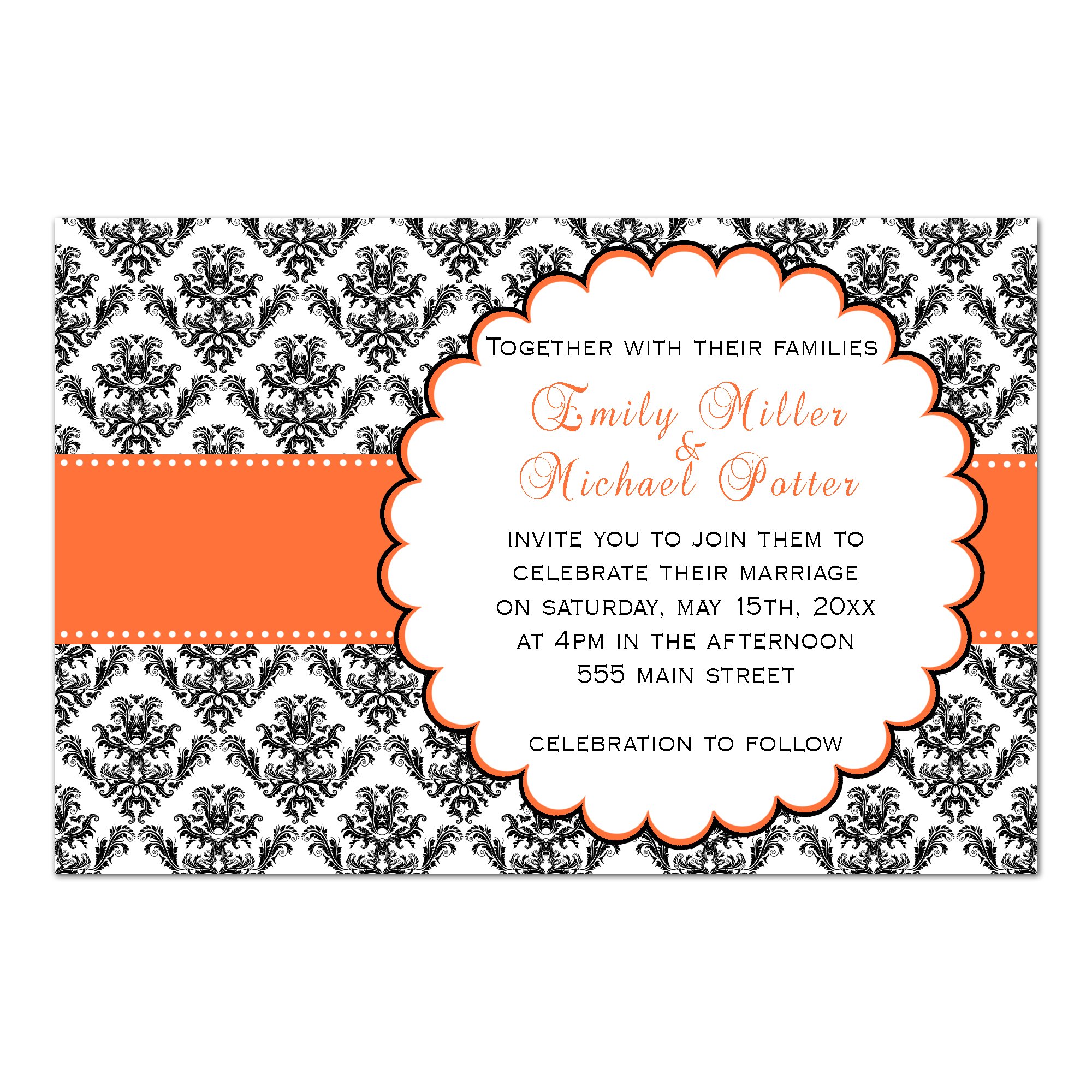 100 Elegant Orange Black White Damask Wedding Invitations with Envelopes - Perfect for Fall Weddings, Formal Events & Anniversary Celebrations