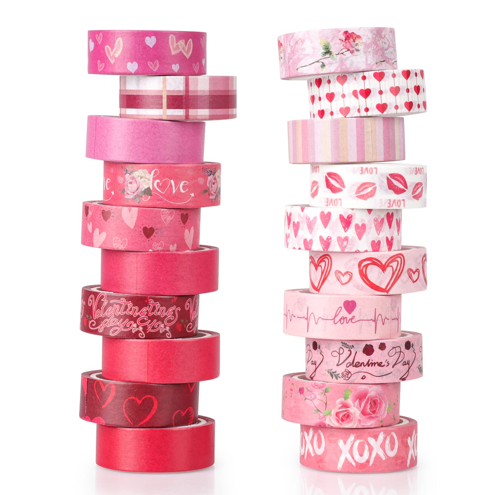 20 Rolls Pink Heart Floral Washi Tape Set - Decorative DIY Masking Tape for Kids Crafts, Bullet Journals, Scrapbooking & Stamping - Perfect for Valentine's Day, School Projects, Home Decor & Gift Wrapping