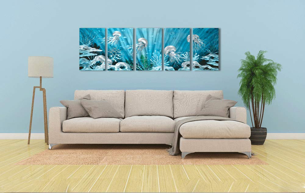 Yihui Arts Blue Deep Sea Metal Wall Art - Large 3D Jellyfish Ocean Design Metal Wall Decor for Living Room, Bedroom, Office (5-Panel Modern Contemporary Wall Sculpture)