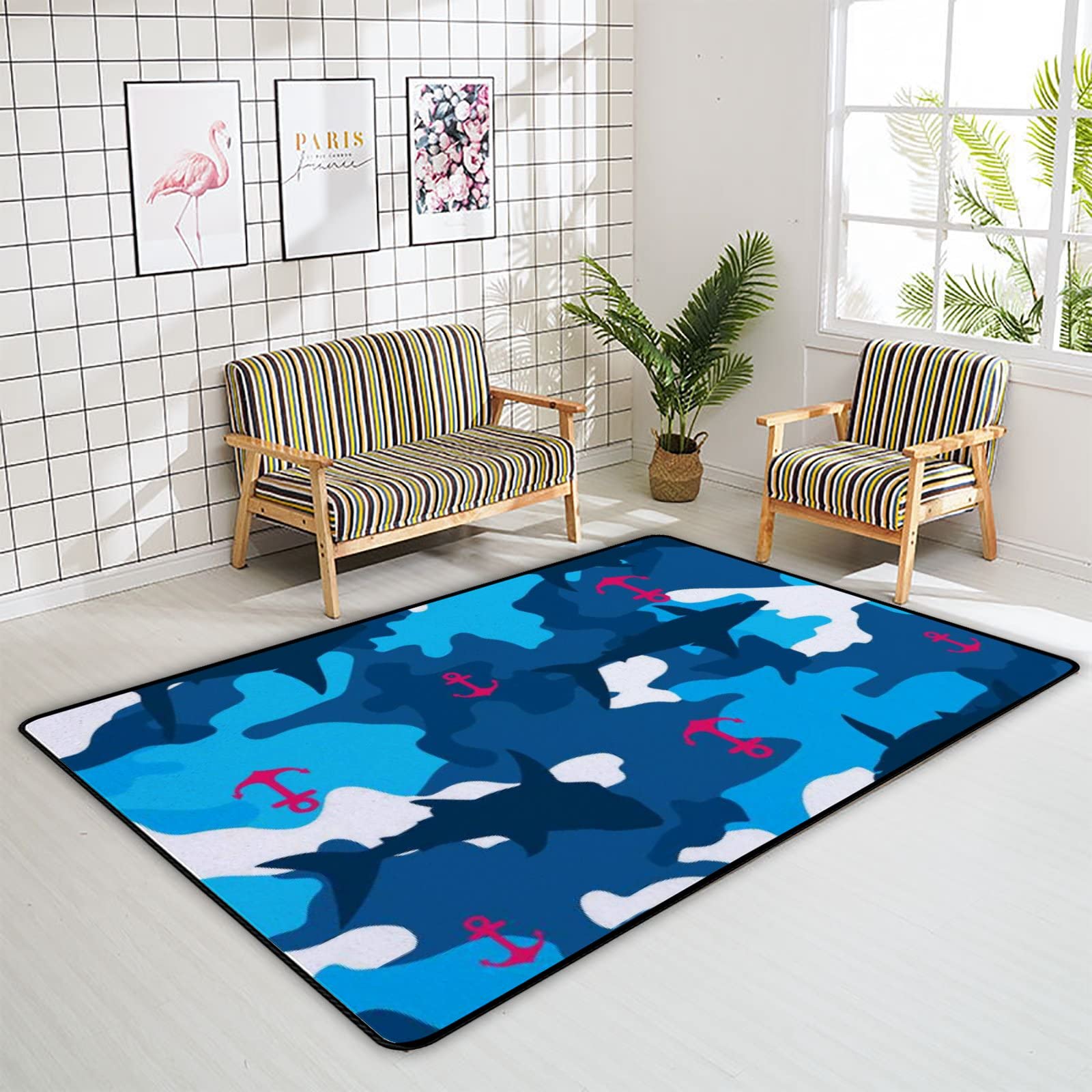 Non-Slip Shark Anchor Pattern Large Area Rug 60x39 Inch - Soft Floor Carpet for Living Room, Bedroom, Nursery & Playroom | Perfect for Kids Play Area, Yoga & Home Decor