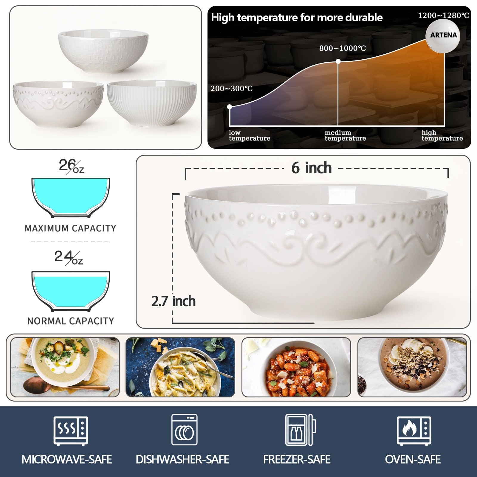 Artena 26oz Ceramic Bowls Set of 6 - 6 Inch White Embossed Soup & Cereal Bowls for Rice, Pasta, Salad | Microwave & Dishwasher Safe Floral Design | Perfect for Breakfast, Lunch, Dinner & Family Gatherings