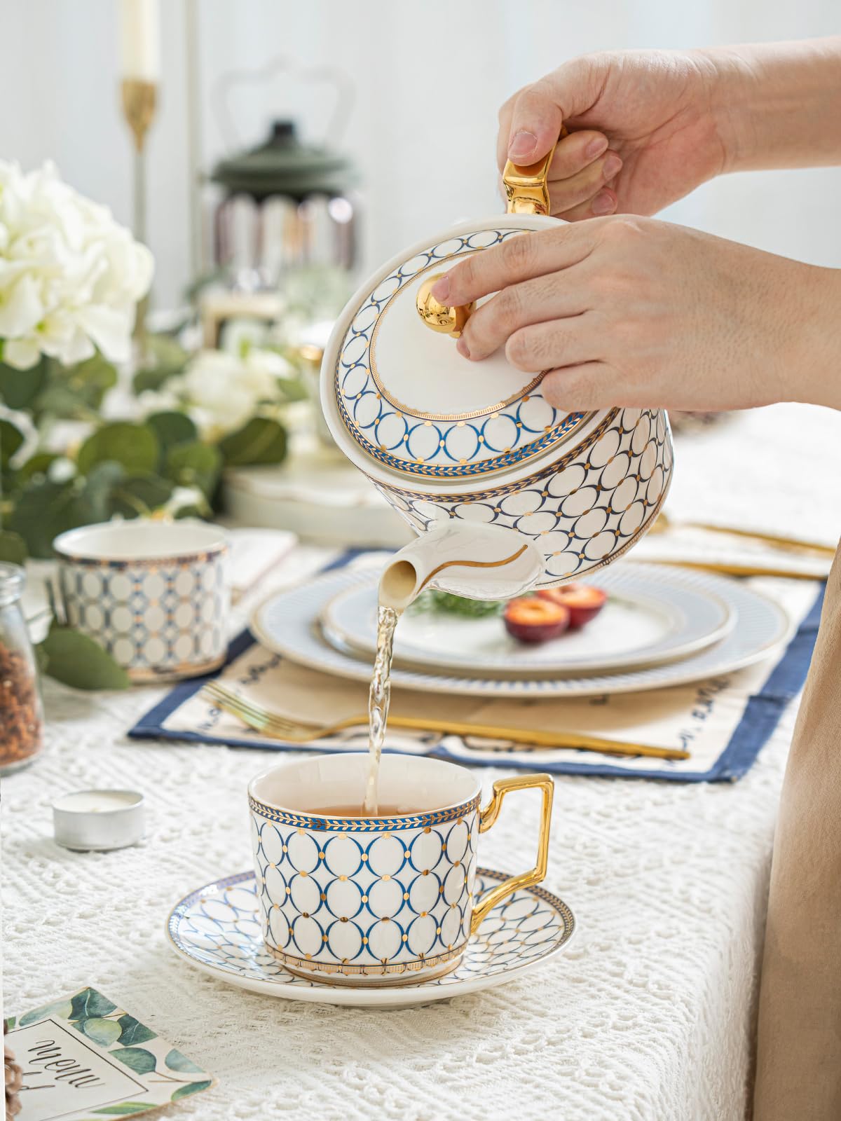 Elegant European Style Ceramic Coffee Cup and Saucer Set - 7 Oz Bone China Tea Cup with Blue Gold Glaze, Includes Golden Spoon - Perfect for Cappuccino, Latte & Tea - Ideal Women's Gift (4-Pack Set) - Great for Home, Office, Cafe or Romantic Gifts