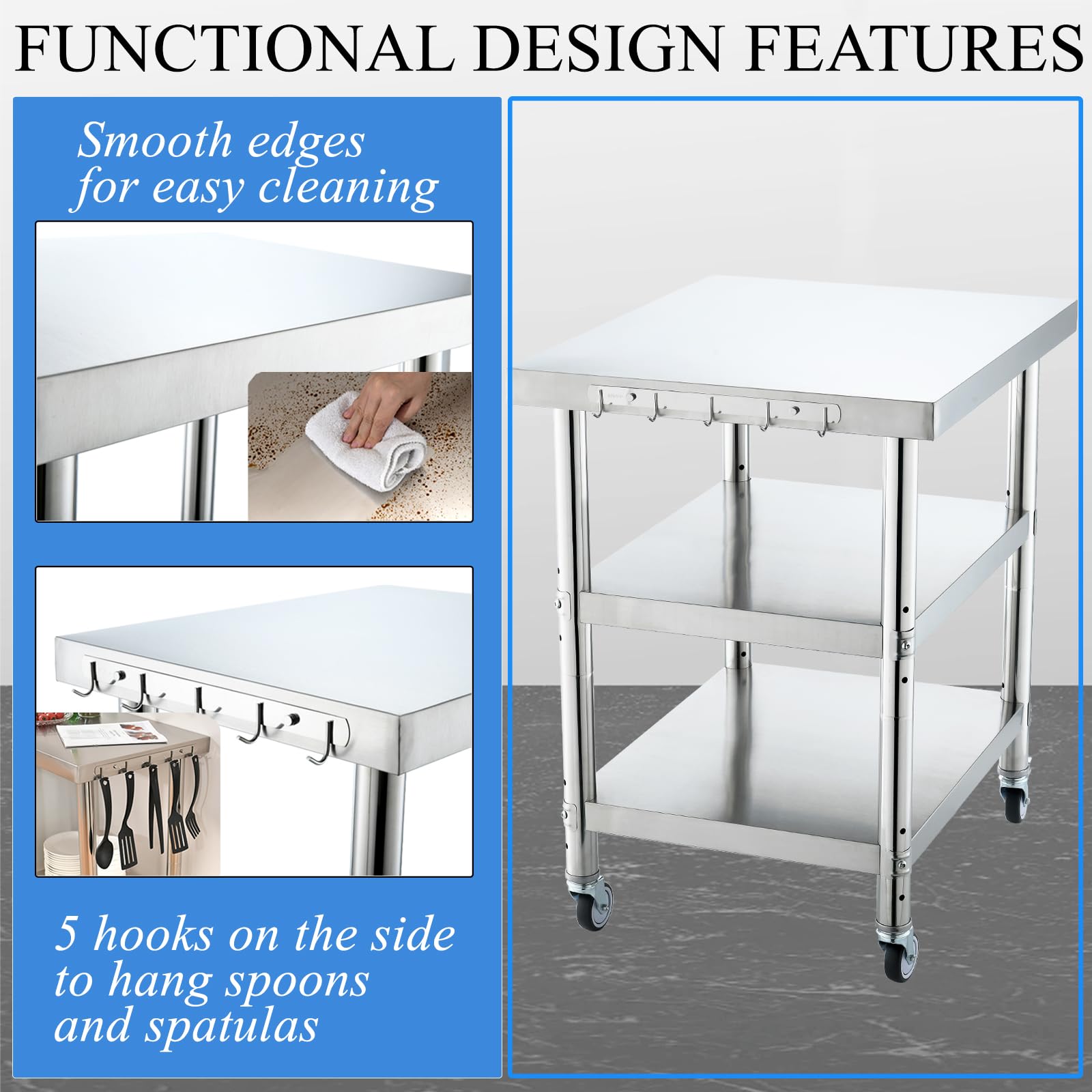 30x24 Inch 3-Stage Adjustable Stainless Steel Work Table with Wheels - Silver Commercial-Grade Kitchen Prep Table for Restaurants, Food Trucks & Home Use