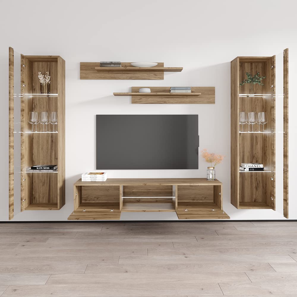Modern Floating TV Stand with Storage & LED Lights - Wall-Mounted Entertainment Center for Bedroom & Living Room - Oak Wood TV Console with Shelves | Perfect for Small Spaces & Home Theater Setup
