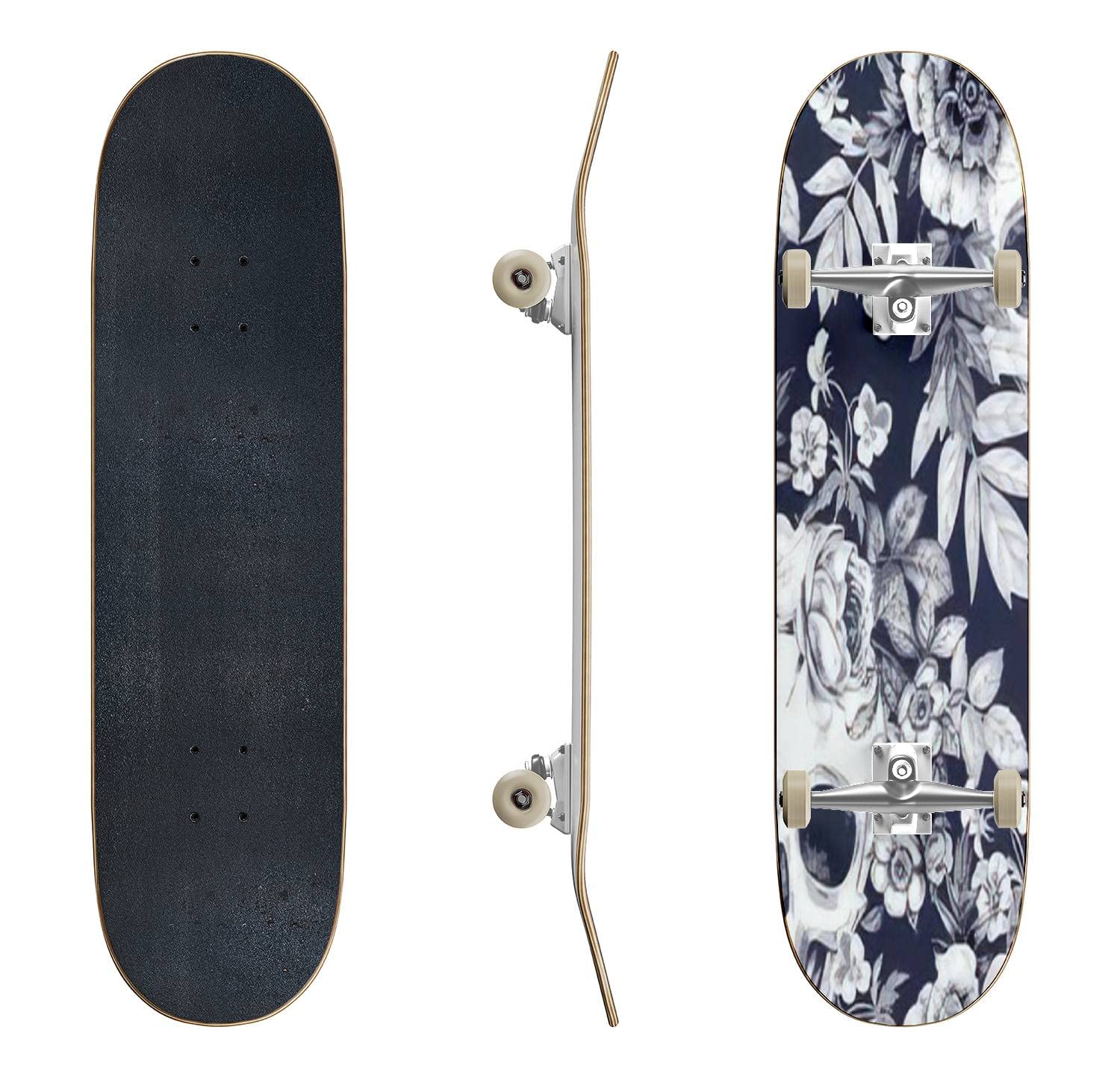 Premium Classic Concave Skateboard with Floral Skull Design - Longboard for Beginners & Pros | Extreme Sports, Teen Gifts, Street & Park Riding