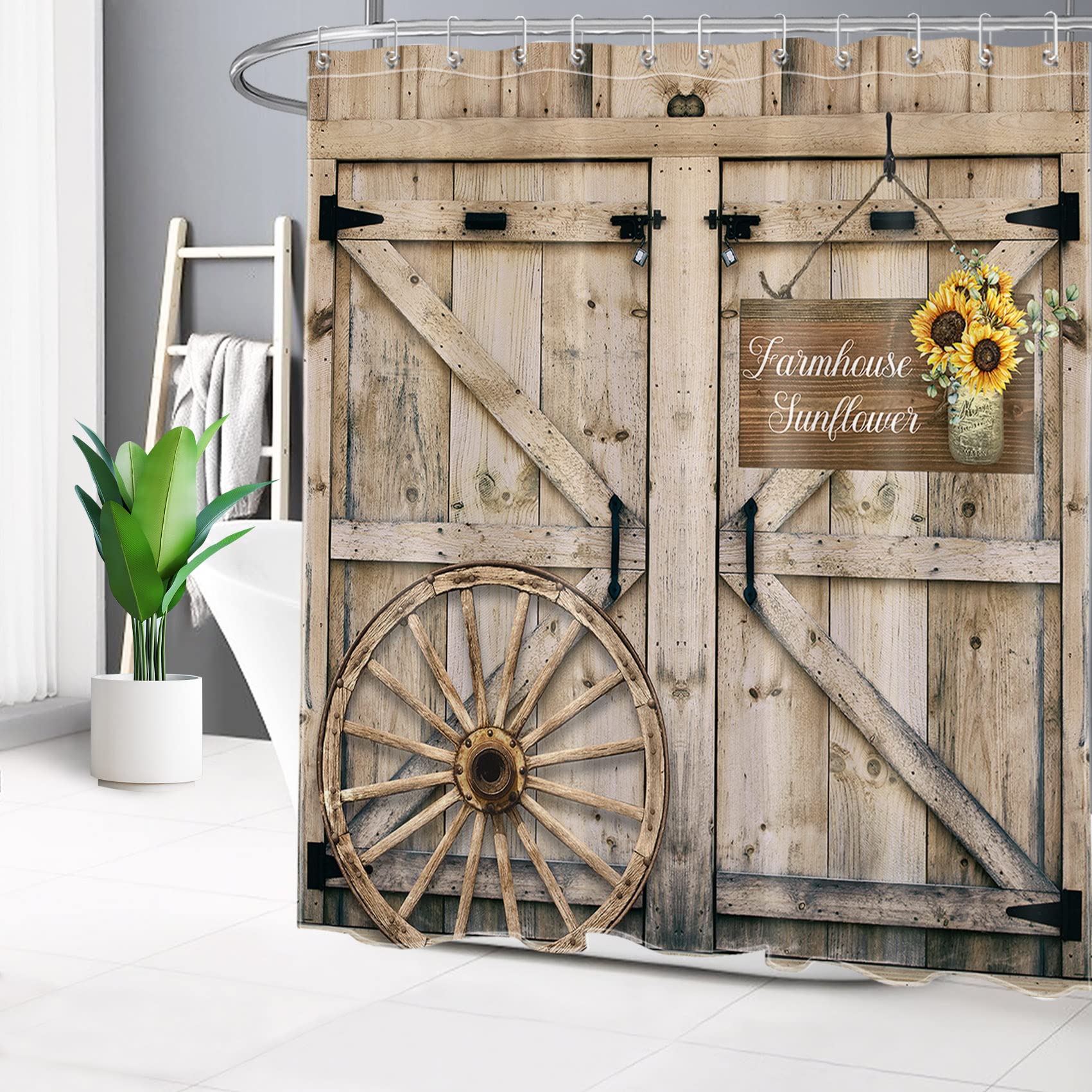 HVEST Farmhouse Shower Curtain - Retro Barn Wooden Door Design with Sunflower Pattern, 72x78 Inches Rustic Bathroom Decor, Polyester Fabric with Hooks - Perfect for Vintage, Country & Boho Style Bathrooms