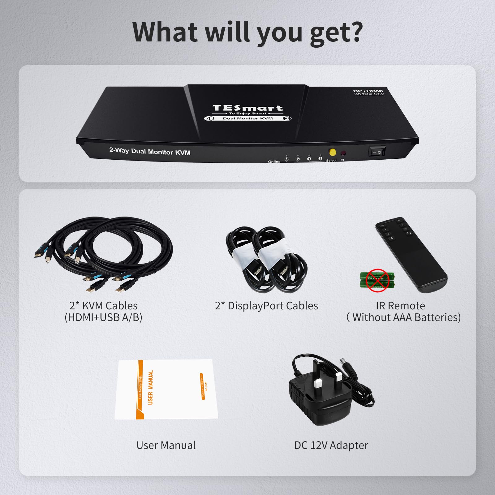TESmart 4K60Hz Dual Monitor KVM Switch - 2 Computers 2 Monitors DisplayPort & HDMI with EDID Emulator, Audio Jack, Copy/Extend Modes | Enhanced Keyboard & Mouse Compatibility | Perfect for Home Office, Gaming Setup & Multi-Tasking Workstations