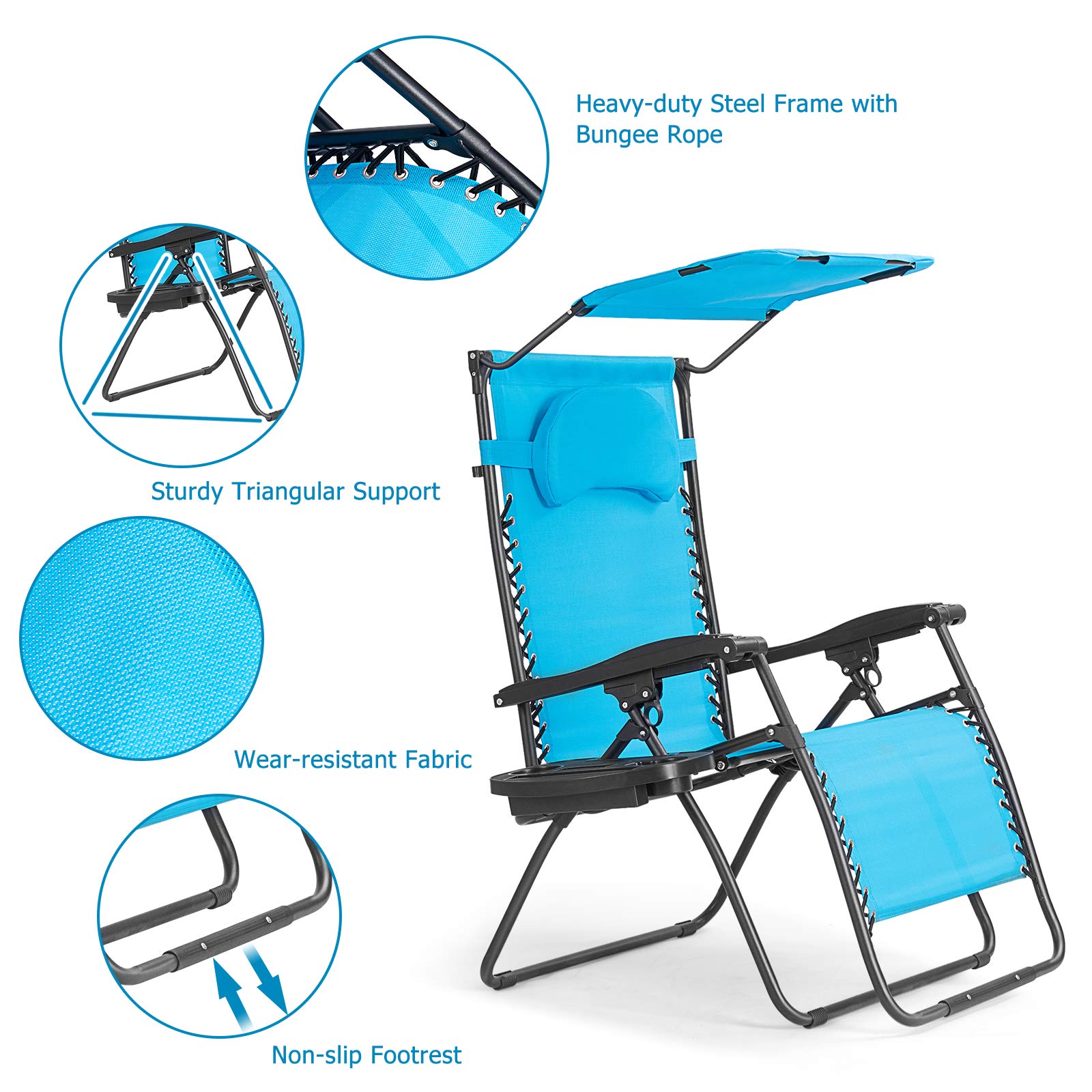Moccha Zero Folding Gravity Recliner Lounger Chair with Adjustable Headrest & Lumbar Support - Patio Outdoor Lounge Chair with Shade Canopy & Locking System (Blue) - Perfect for Backyard, Poolside, Beach & Camping Relaxation