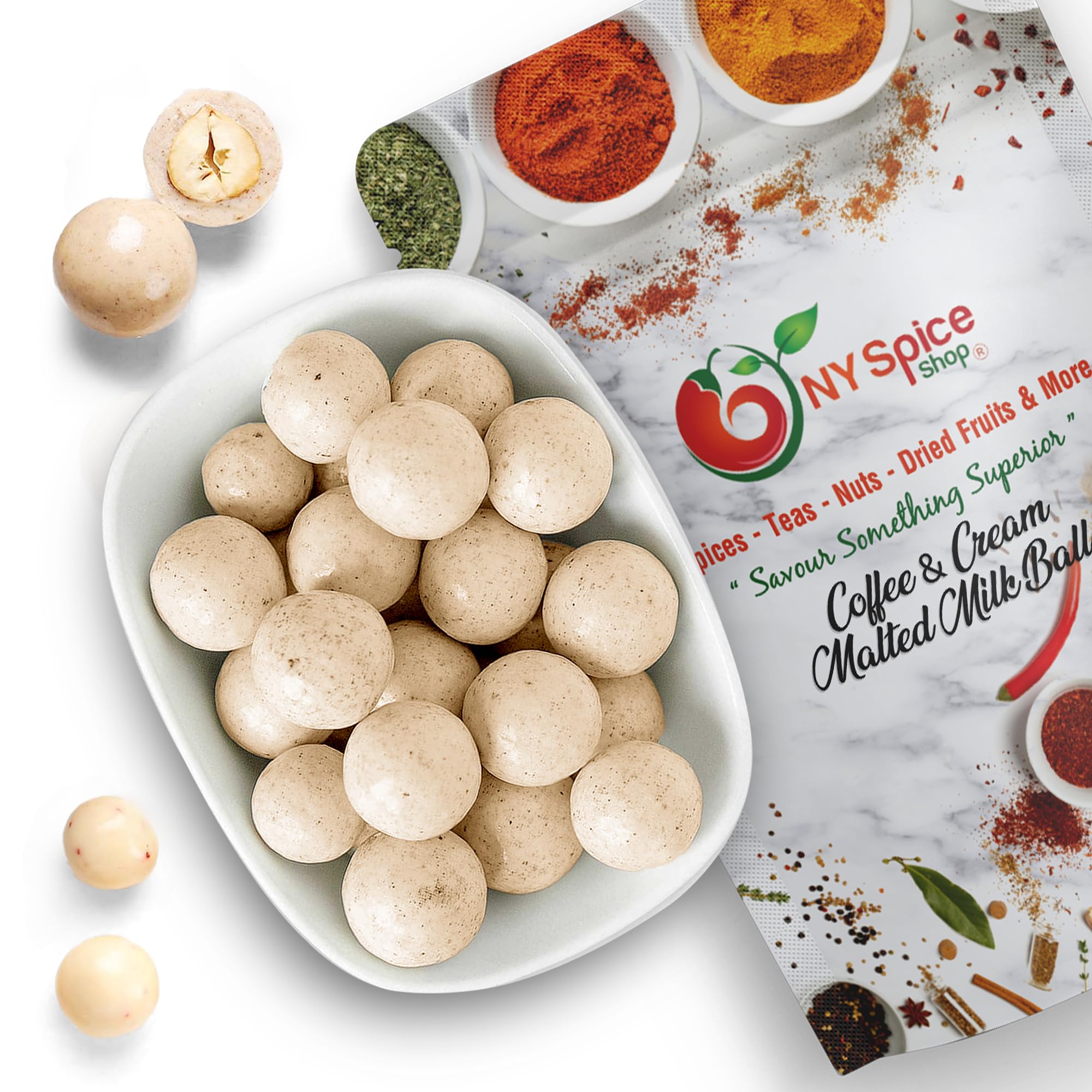 NY Spice Shop Premium Chocolate Malt Balls - 8oz Malted Milk Candy with Dark Chocolate Coating - Perfect for Birthday Party Decorations, Holiday Snacks & Gift Giving - Delicious Coffee & Cream Flavor Candy Treats for All Occasions