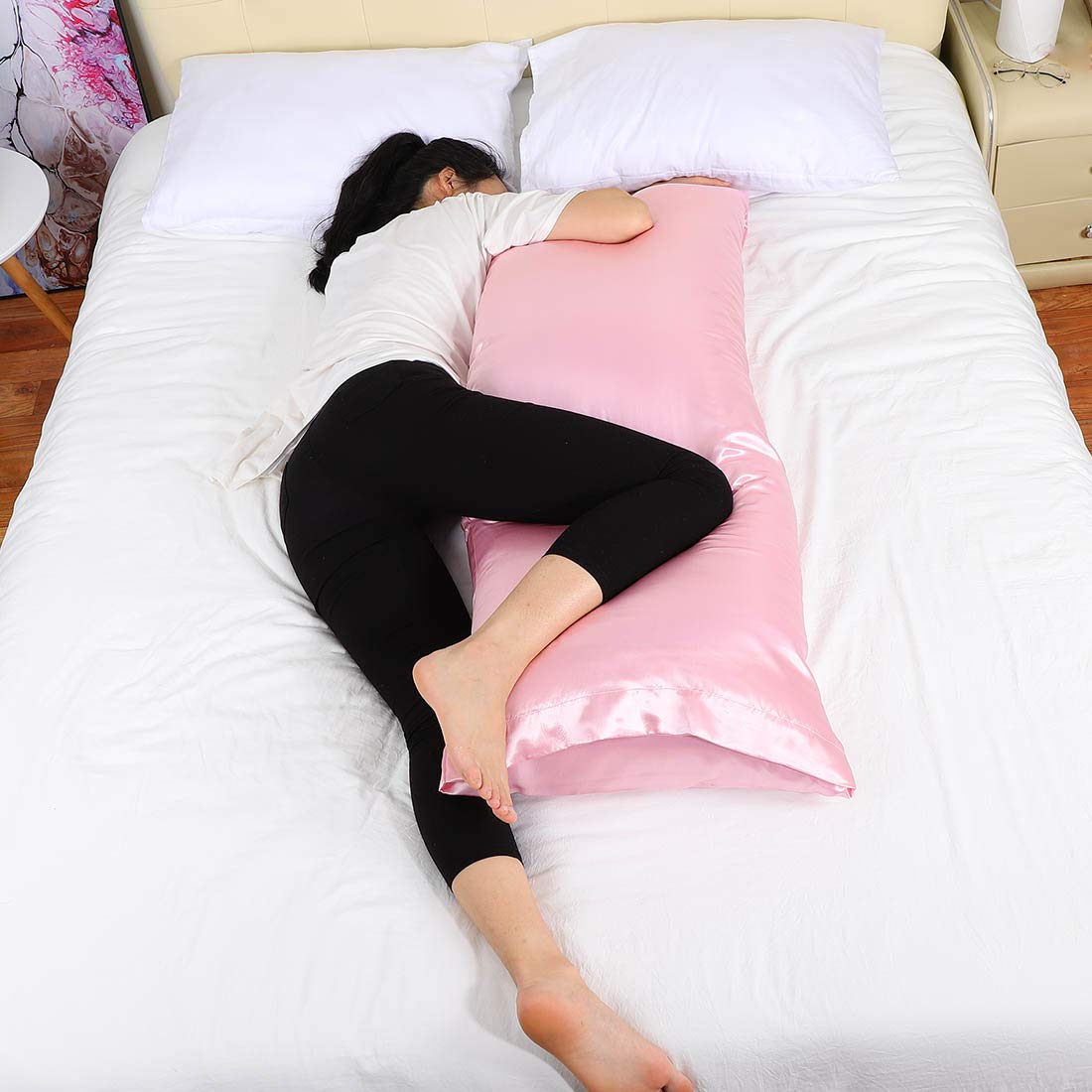 PiccoCasa 2-Piece Soft Silky Satin Body Pillow Cover Set - 20x54 Inches, Pink | Hypoallergenic & Breathable for Side Sleepers, Pregnancy Support & Lounge Comfort