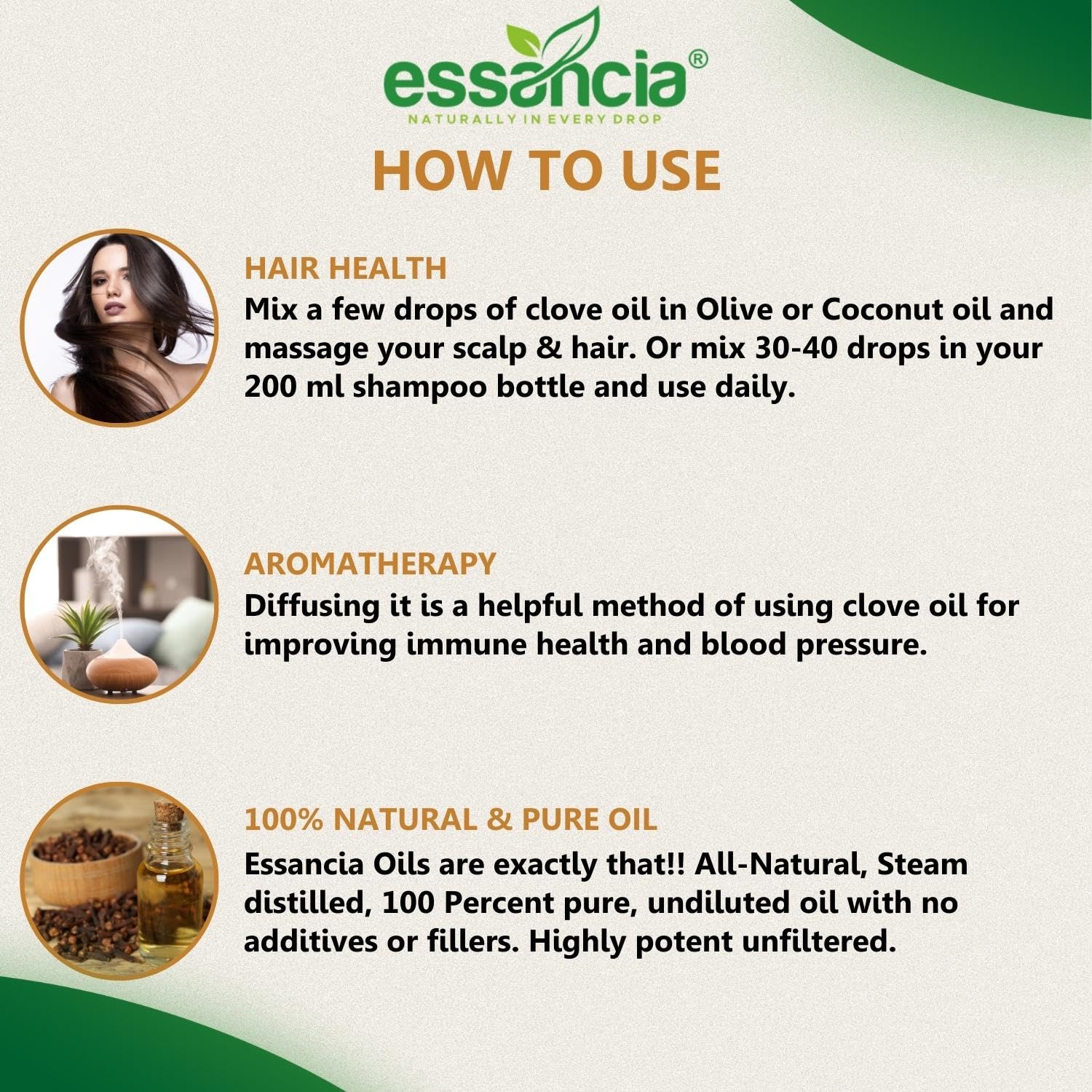 Essencia Pure Clove Bud Essential Oil - 15ml Undiluted Therapeutic Grade for Hair Care, Acne, Teeth Health, Skin & Relaxation | Aromatherapy, Diffuser, Face & Body Use | Natural Remedy for Stress Relief & Wellness