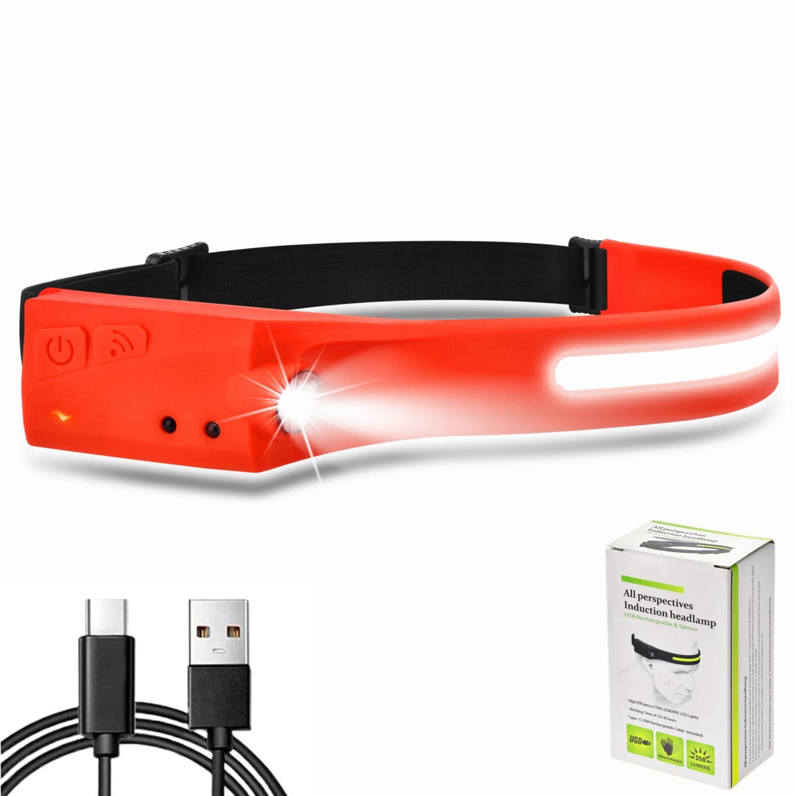 Rechargeable LED Headlamp for Outdoor Activities - 5 Light Modes, Lightweight Headlight for Camping, Running, Cycling, Fishing | Perfect for Night Hiking, Emergency Use & Hands-Free Lighting (Red)