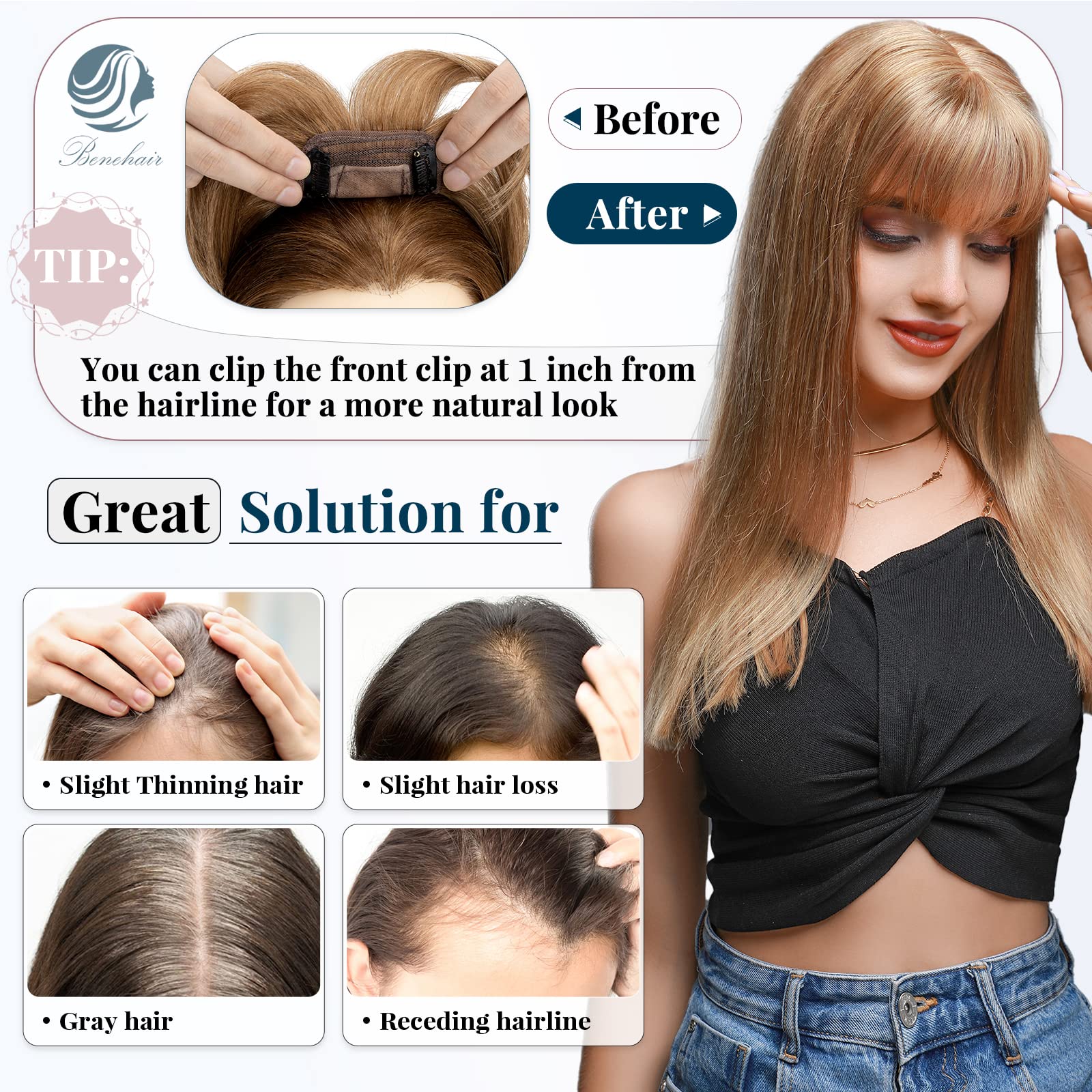 Benehair Clip-in Hair Topper with Thin Bangs | 14 Inch Human Hair Topper | Handmade Silk Base | Straight & Soft Hair Extensions for Women | Covers Hair Loss & Thinning | Light Brown #6 | Perfect for Daily Wear, Special Occasions & Confidence Boosting