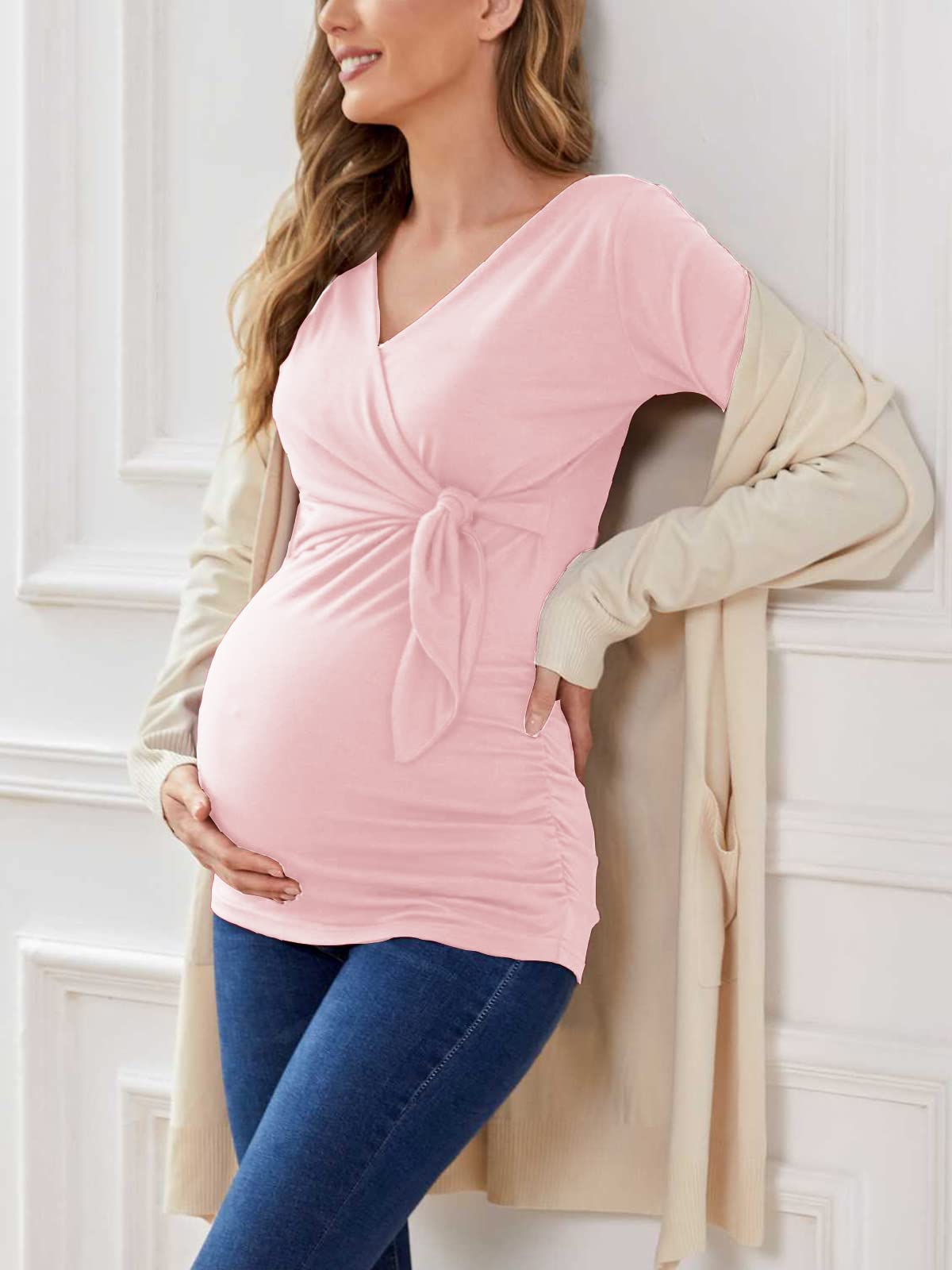Glampunch Women's Maternity Tops - Comfortable Short & Long Sleeve Tie Front Wrap Shirts for Pregnancy | Perfect for Work, Casual Wear & Maternity Photos