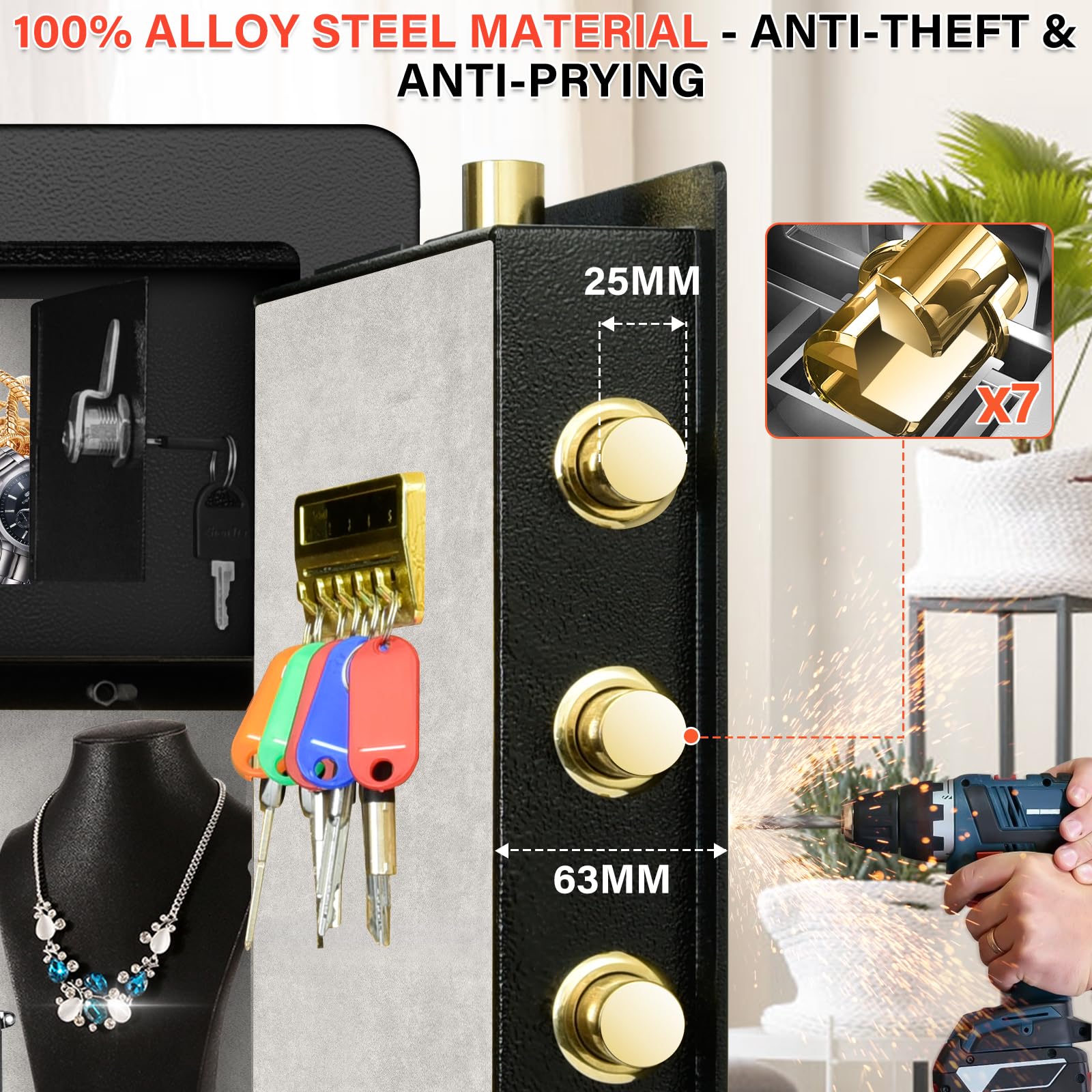 5.1 CuFt Extra Large Heavy Duty Fireproof Waterproof Safe Box with Double Key Lock & Separate Lock Box - Anti-Theft Security Safe for Home, Office, Hotel - Perfect for Documents, Jewelry & Valuables (27.6