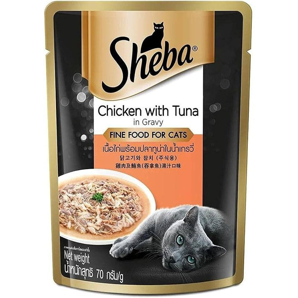 Sheba Premium Wet Cat Food Pouches - Nutrient Rich, Grain Free, 24 Pack (70g Each) - Perfect for Adult Cats & Kittens, Ideal for Mealtime & Travel