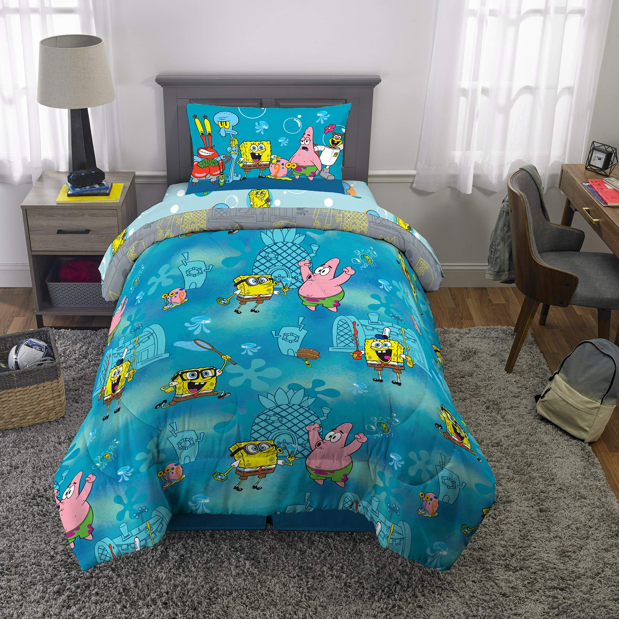 Franco Kids Bedding Set - Super Soft 4-Piece Twin Comforter & Sheet Set with Spongebob Design | Perfect for Boys & Girls Bedrooms, Sleepovers, and Themed Decor