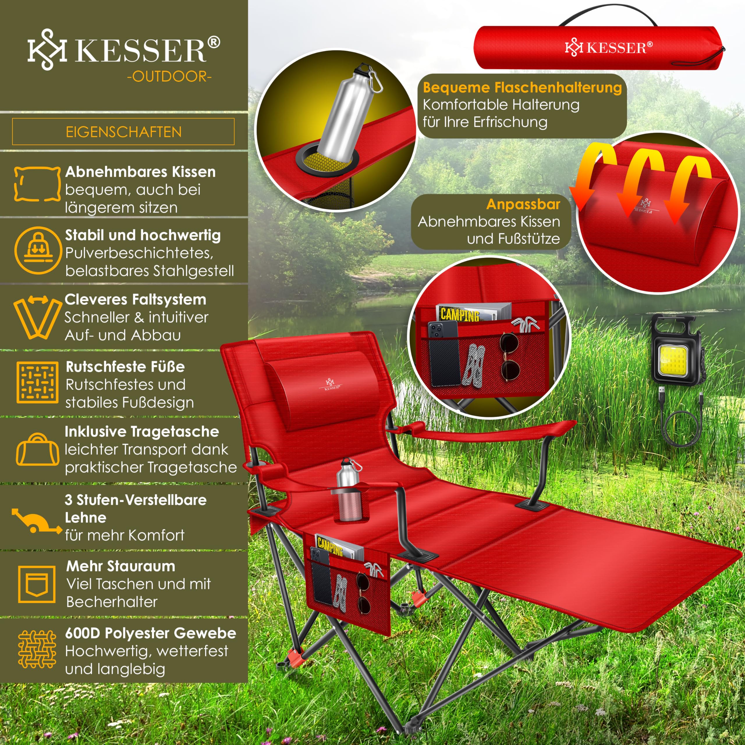 KESSER® 2-in-1 Folding Camping Chair & Bed - Heavy Duty 350lbs Capacity, Extra Wide Portable Lounger with Adjustable Backrest, Drink Holder & Storage Bag | Perfect for Camping, Beach, Fishing, Backyard Relaxing & Outdoor Adventures