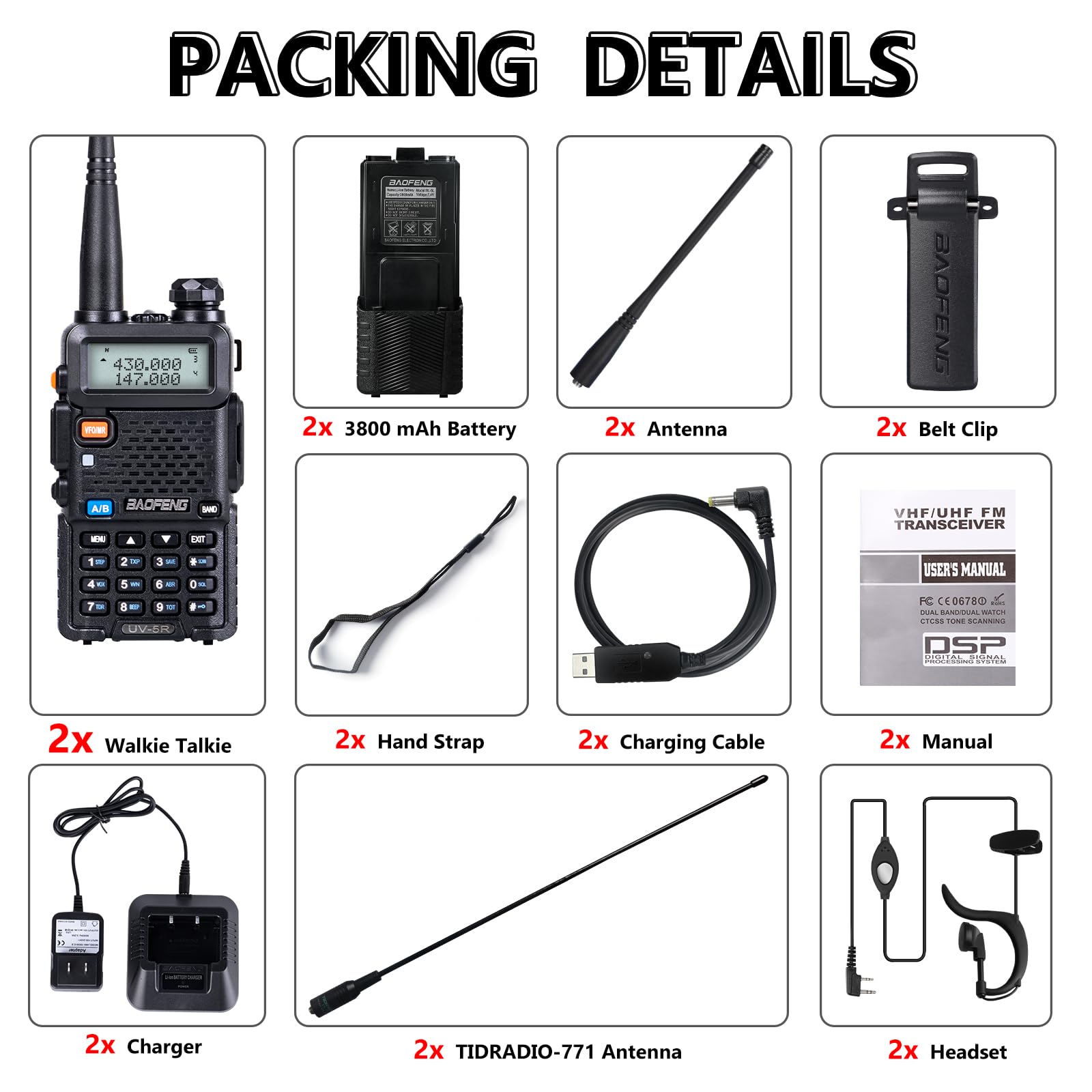 BAOFENG UV-5R 8W Dual Band Ham Radio Handheld Two Way Walkie Talkie - Long Range Emergency Communication Radio with 3800mAh USB Rechargeable Battery (2 Pack) for Outdoor Adventures, Survival Gear & Emergency Preparedness