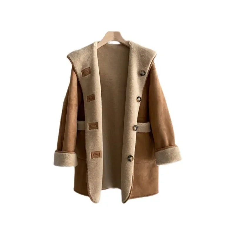 Women's Fashion Sheep Shearling Fur Jacket - Warm Mid-Length Casual Wool Coat with Hood | Korean Style Winter Outerwear for Women | Perfect for Daily Wear, Office & Outdoor Activities