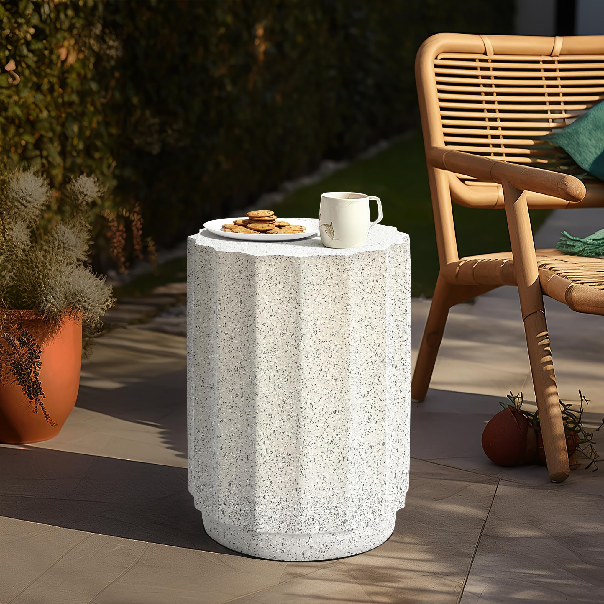 LuxenHome 18 Inch Outdoor Side Table - Cement End Table for Patio, Garden, Balcony | Decorative Stool, Tree Stump Stool, Plant Stand, Drum Table | Perfect for Outdoor Lounging, BBQ Parties & Garden Decor
