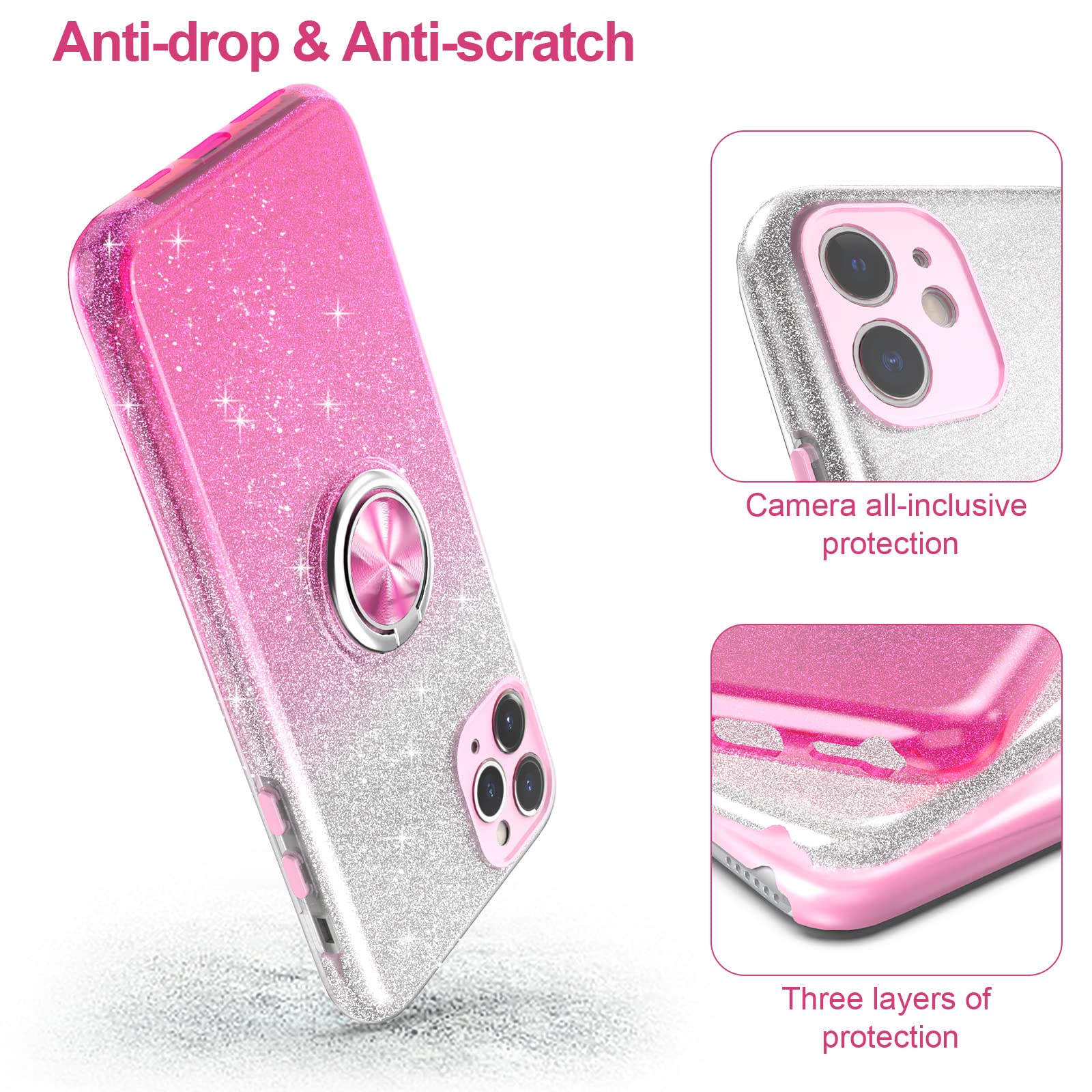 Sparkly Glitter iPhone 11 Pro Max Case with 360° Ring Holder & Magnetic Car Mount - Slim Shock-Absorbent Protective Cover for Women (6.5