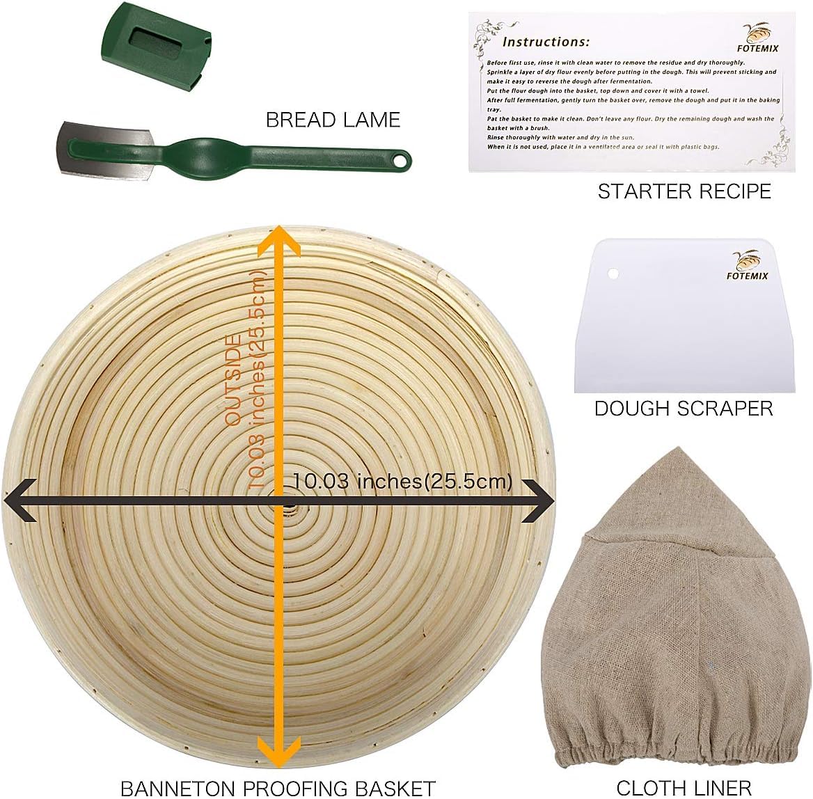 10 Inch Round Bread Proofing Basket - Large Natural Rattan Banneton for Sourdough Baking with Cloth Liner, Dough Scraper & Bread Lame | Perfect for Home Bakers & Professionals | Artisan Bread Making, Homemade Sourdough Starter Kit