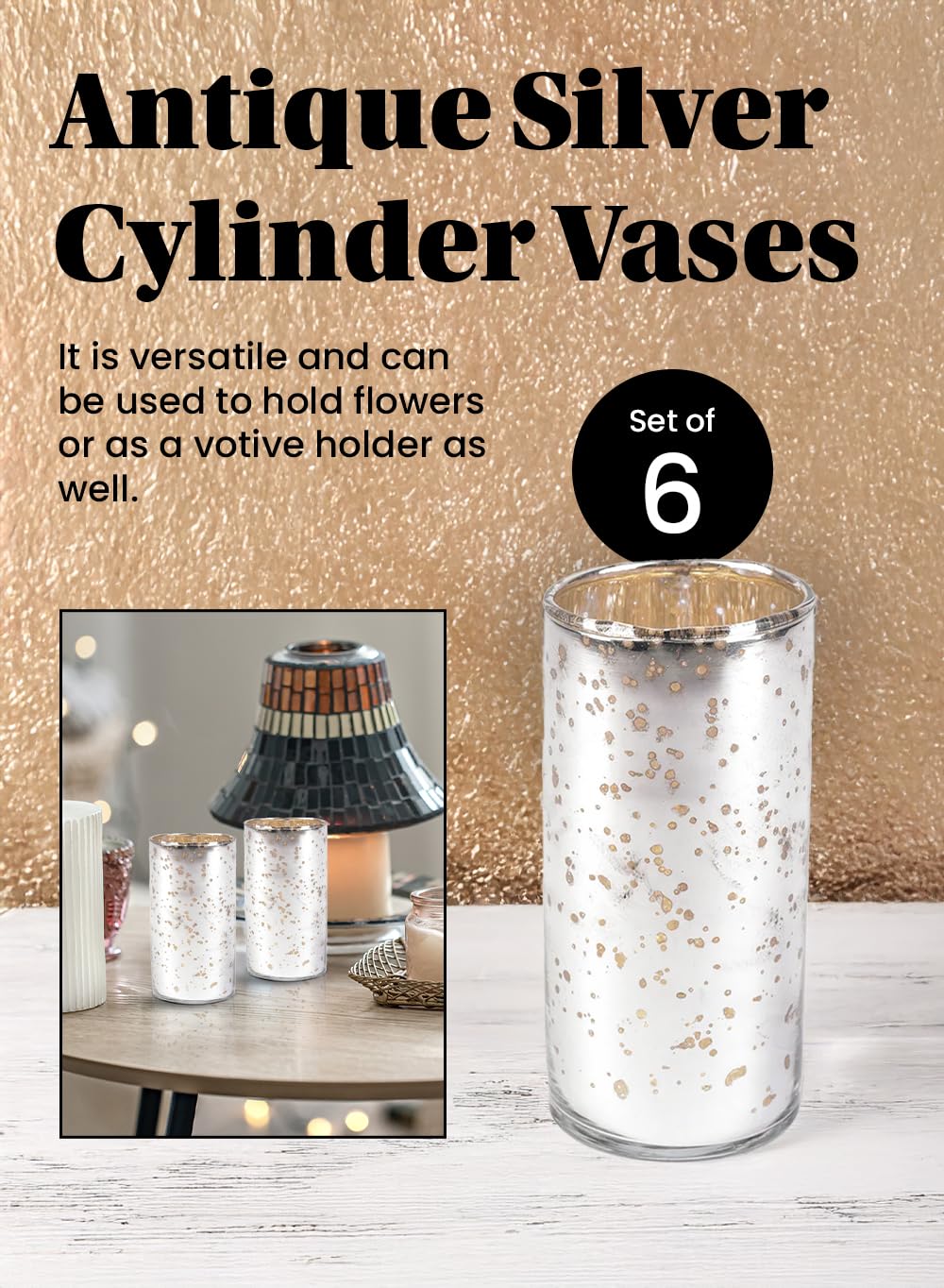 Set of 6 Antique Silver Cylinder Vases - Handcrafted Mercury Glass Centerpiece Vases for Weddings, Parties & Home Decor - 4