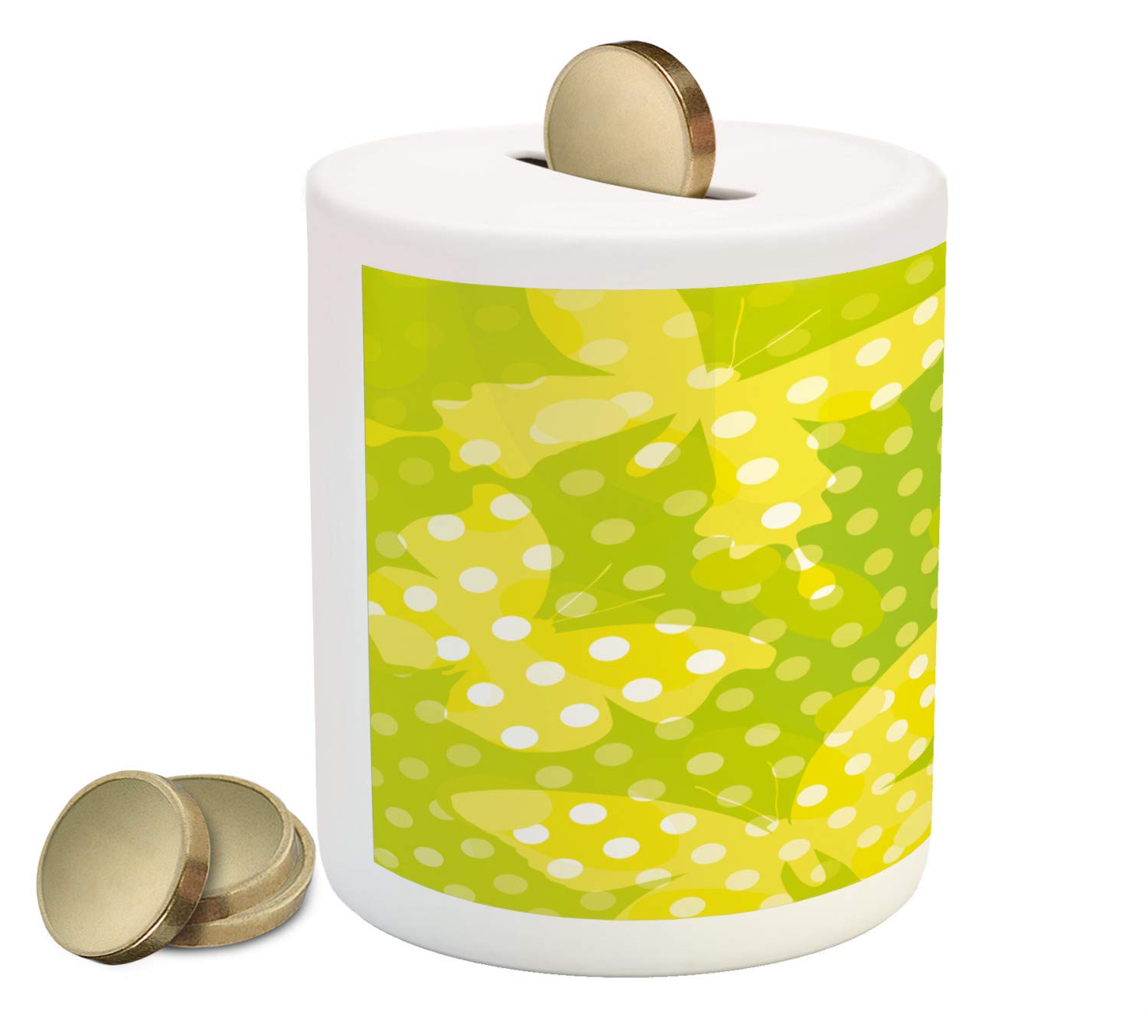 Ambesonne Digital Piggy Bank - Modern Butterfly & Polka Dot Ceramic Coin Bank for Cash Savings - Pale Green, Yellow & White Design - Perfect for Kids' Allowance, Gift Giving & Home Decor