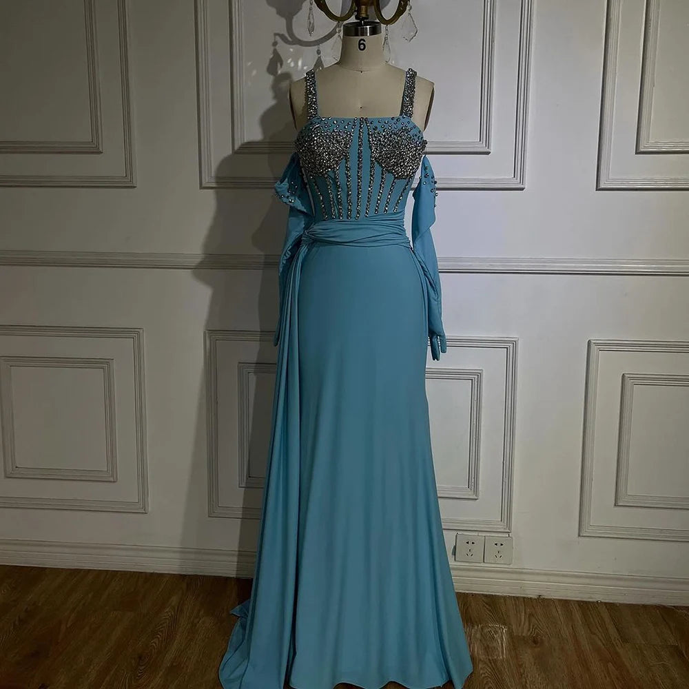 Serene Hill Dubai Luxury Evening Gown 2025 | Blue High Slit Mermaid Dress with Spaghetti Straps & Gloves | Perfect for Weddings, Galas & Formal Parties | Elegant Prom, Red Carpet & Cocktail Event Dress