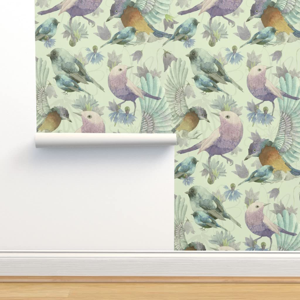 Premium Commercial Grade Wallpaper 27ft x 2ft - Watercolor Birds Nature Forest Animals Spring Woodland Tree Design for Living Room Bedroom Nursery Decor | Peel and Stick Traditional Wallpaper by Spoonflower