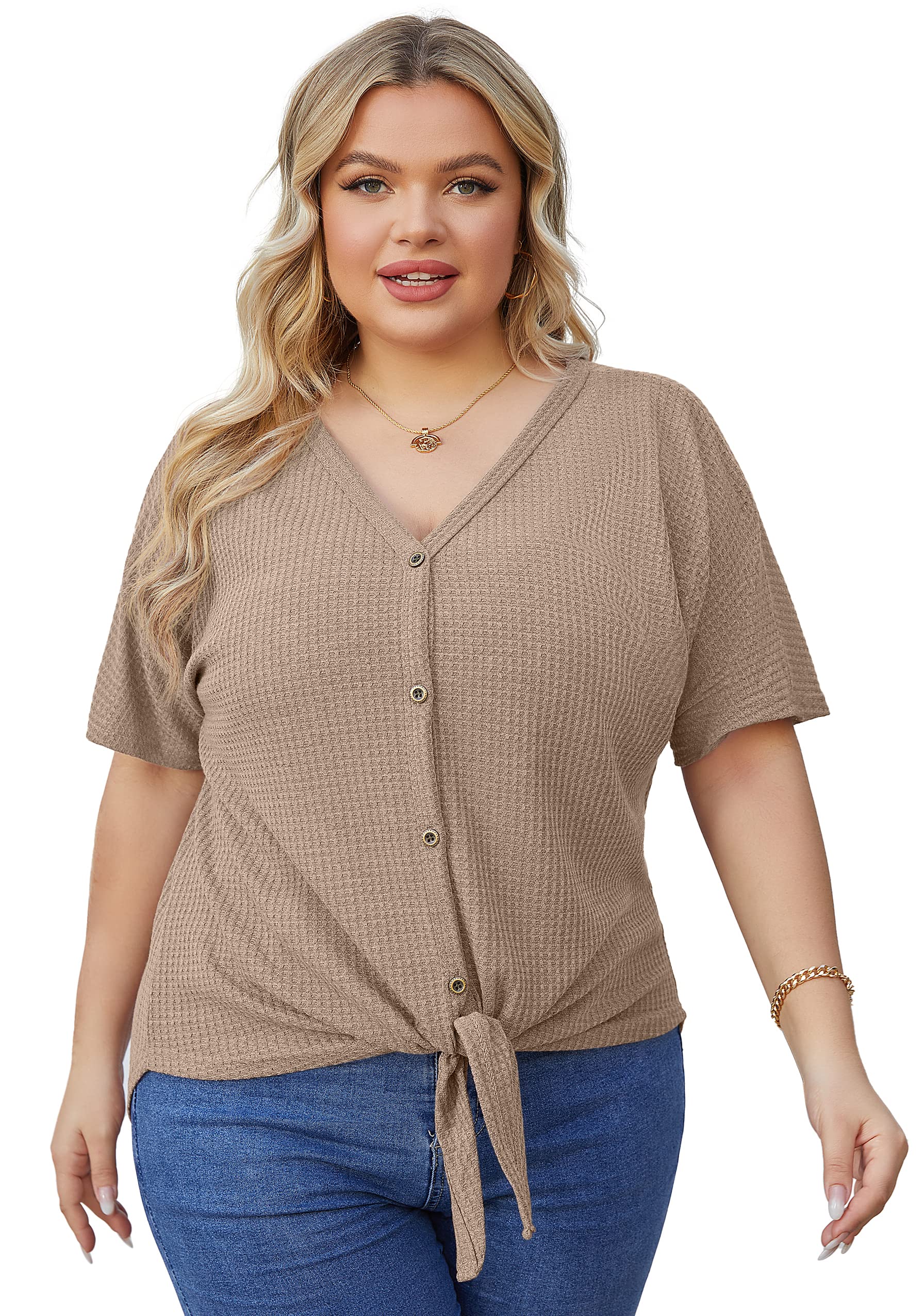 OLRIK Women's Plus Size Short Sleeve V-Neck Waffle Knit Tunic Blouse - Tie Front Button Up T-Shirt for Casual Wear, Office Outfits & Spring Layering