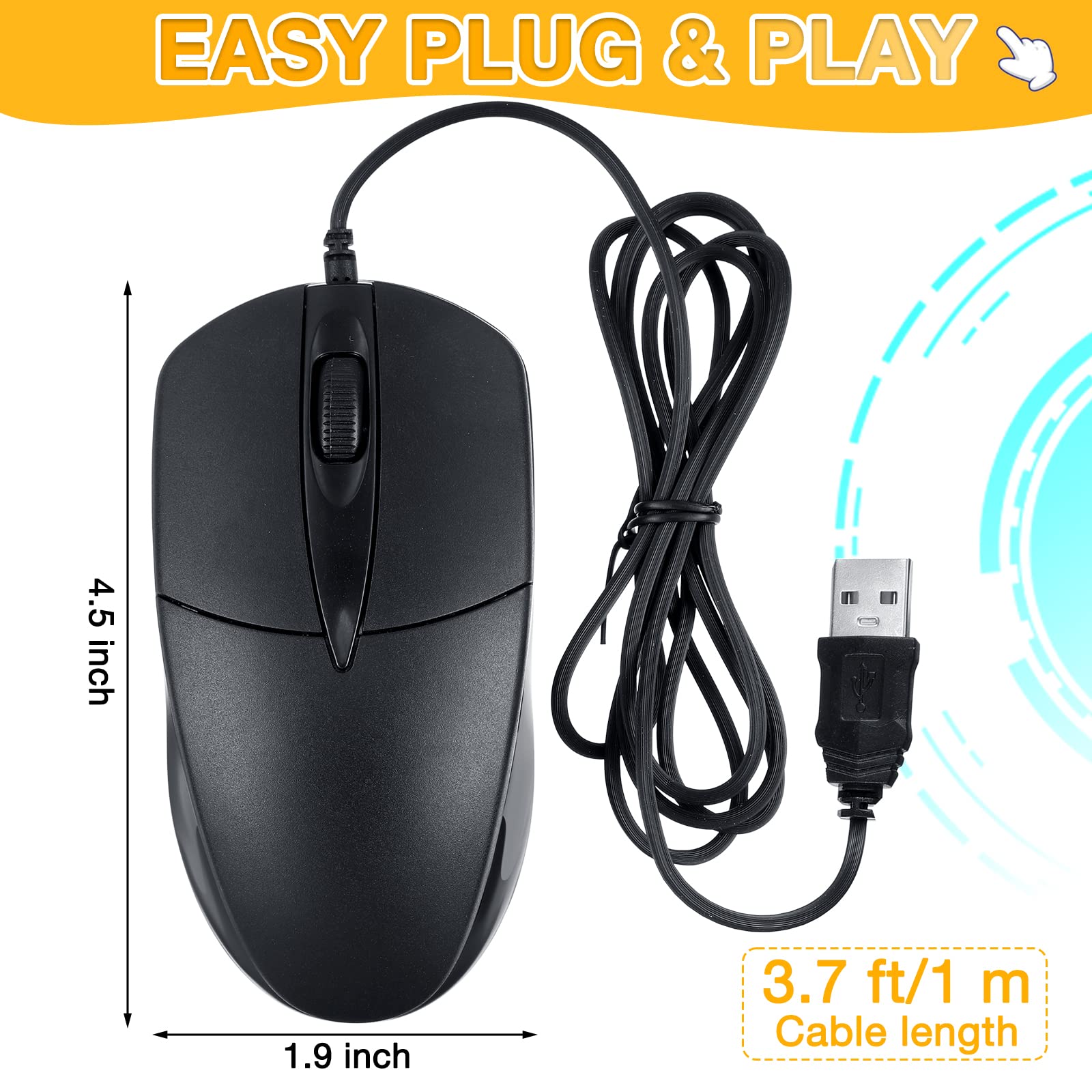 Kathfly 50 Pack Black Wired USB Mice - 1000 DPI 3-Button Corded Computer Mouse for Home Office, Noiseless Plug & Play - Compatible with Laptop, Desktop PC (Great for Office Workers, Students & Gamers)