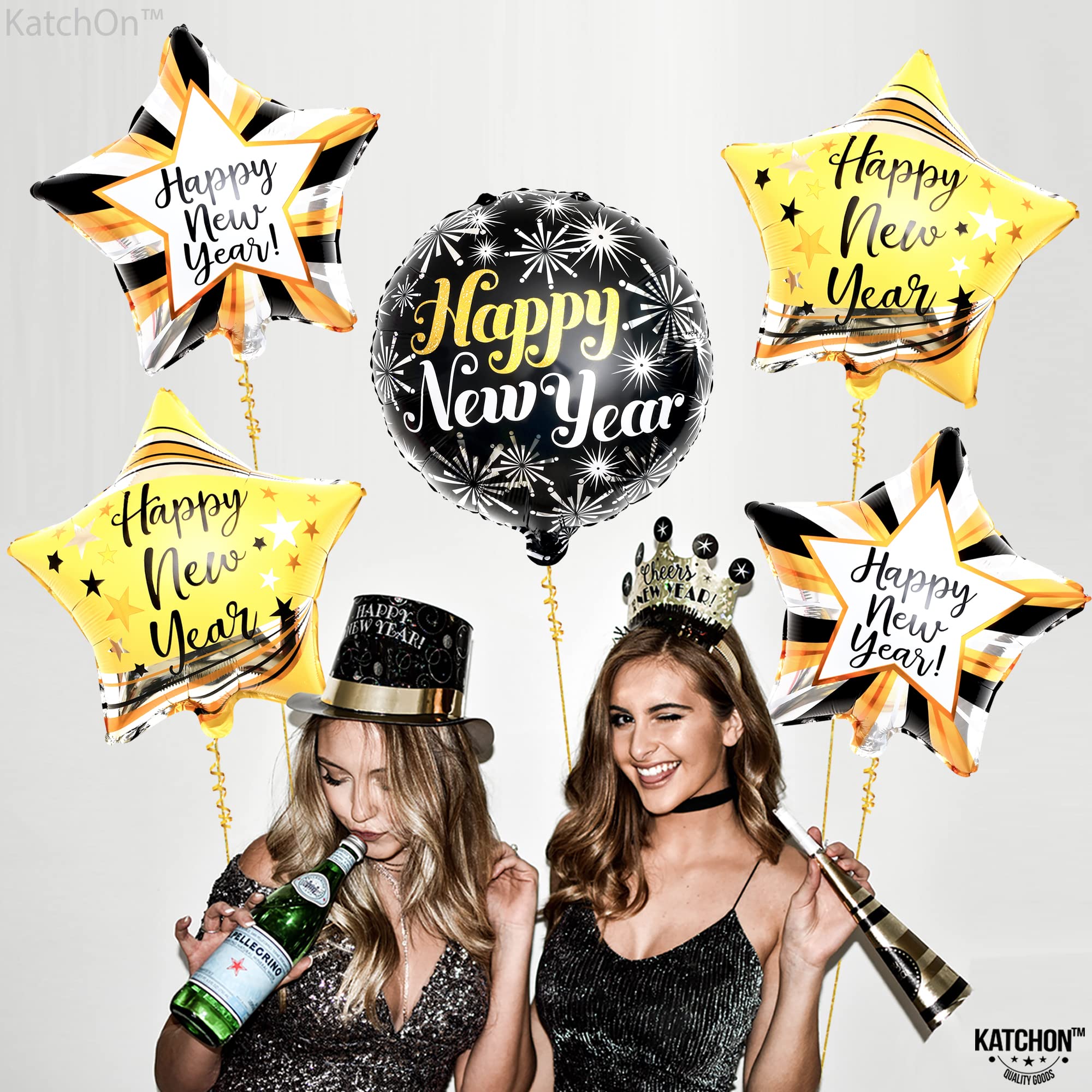 KatchOn Happy New Year Balloons Set - 5 Pack | Shiny 2025 NYE Party Balloons, New Year's Eve Decorations | Foil Balloons for 2025 Celebrations | Perfect for Home, Office & New Year's Eve Party Decorations