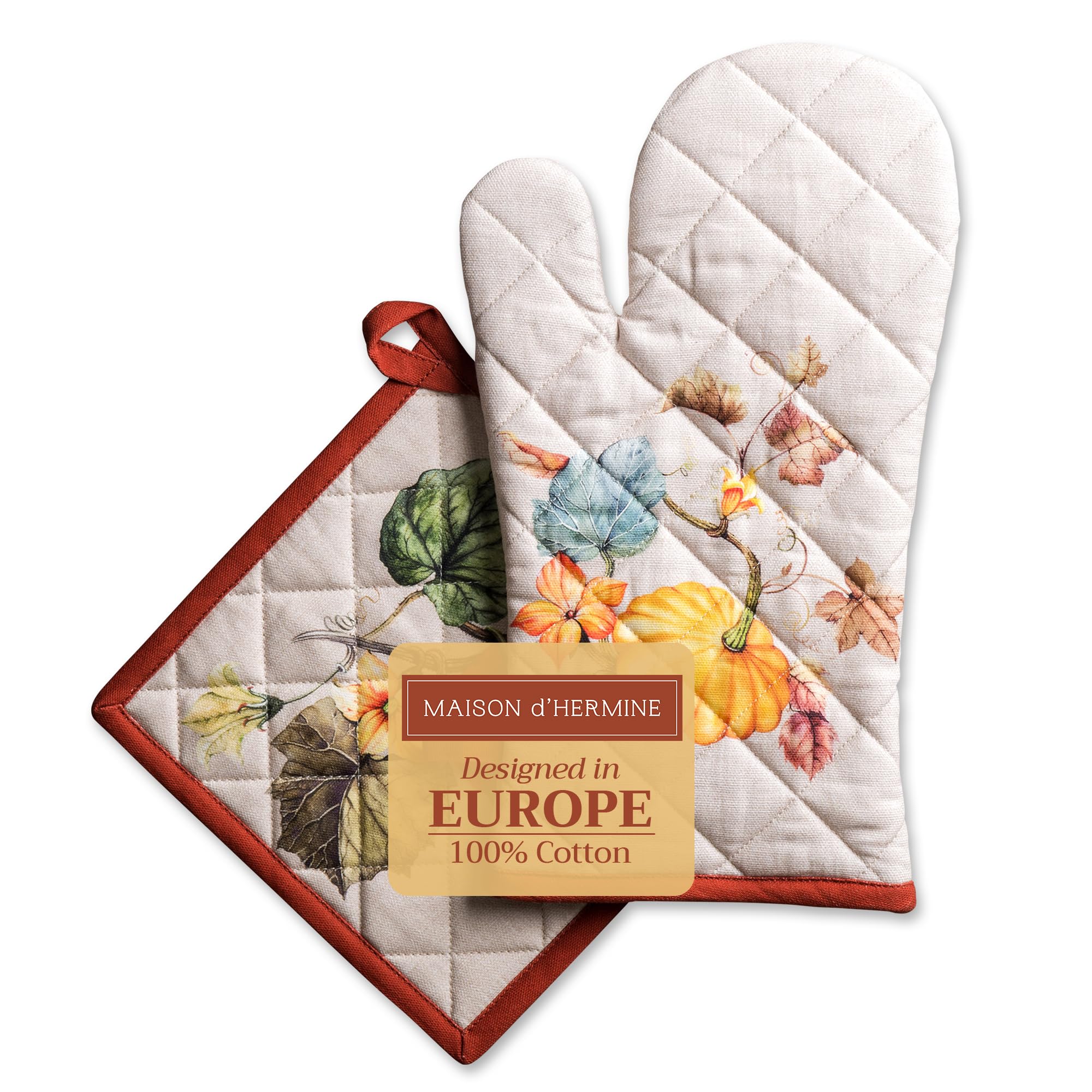 Hermine Cotton Oven Mitt and Pot Holder Set - Heat Resistant Kitchen Gloves for Baking, Cooking, BBQ (7.5x13 & 8x8 Inches) - Soft & Durable Cotton Pot Holders - Perfect for Thanksgiving, Christmas, and Holiday Cooking Gifts