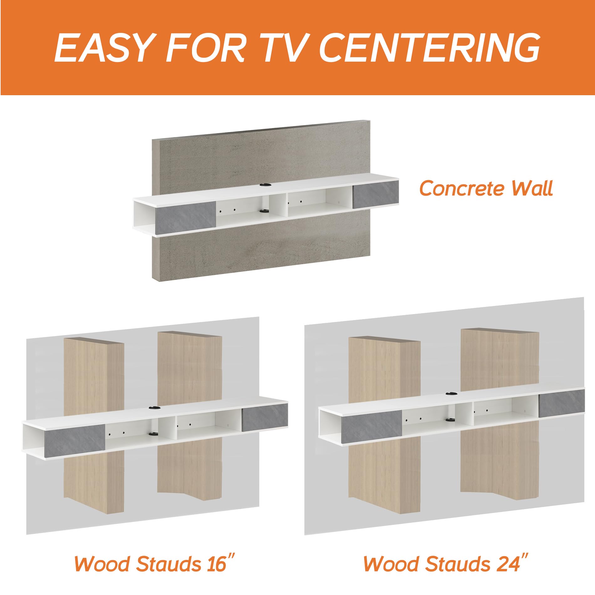 WAMPAT 70 Inch Floating TV Stand for 75 Inch TVs - Modern Wall Mounted Entertainment Center with Storage - White & Gray TV Console for Living Room, Bedroom & Home Theater Setup